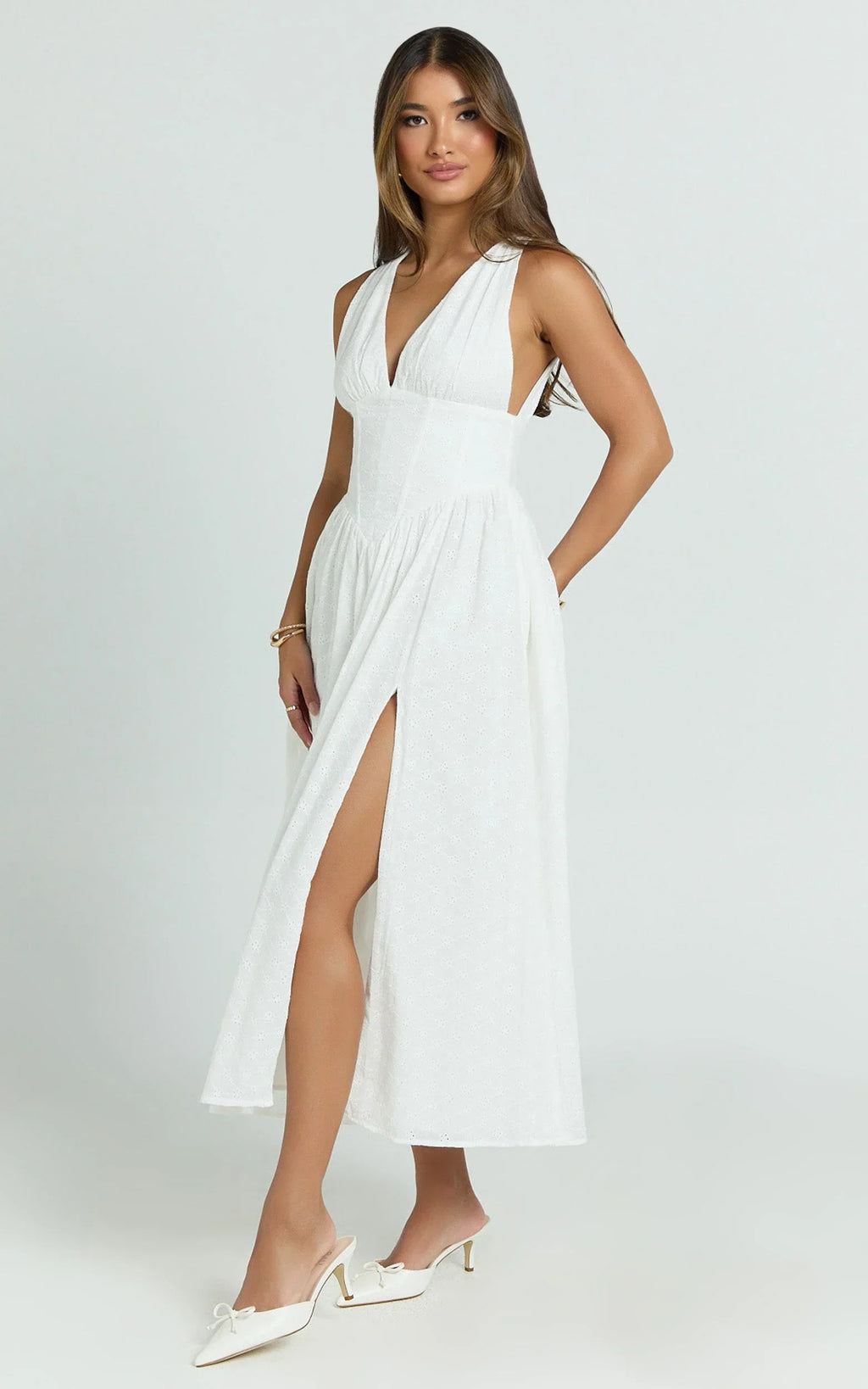 Lainey Midi Dress - Embroidered V Neck Corset Drop Waist Fit And Flare Dress in White