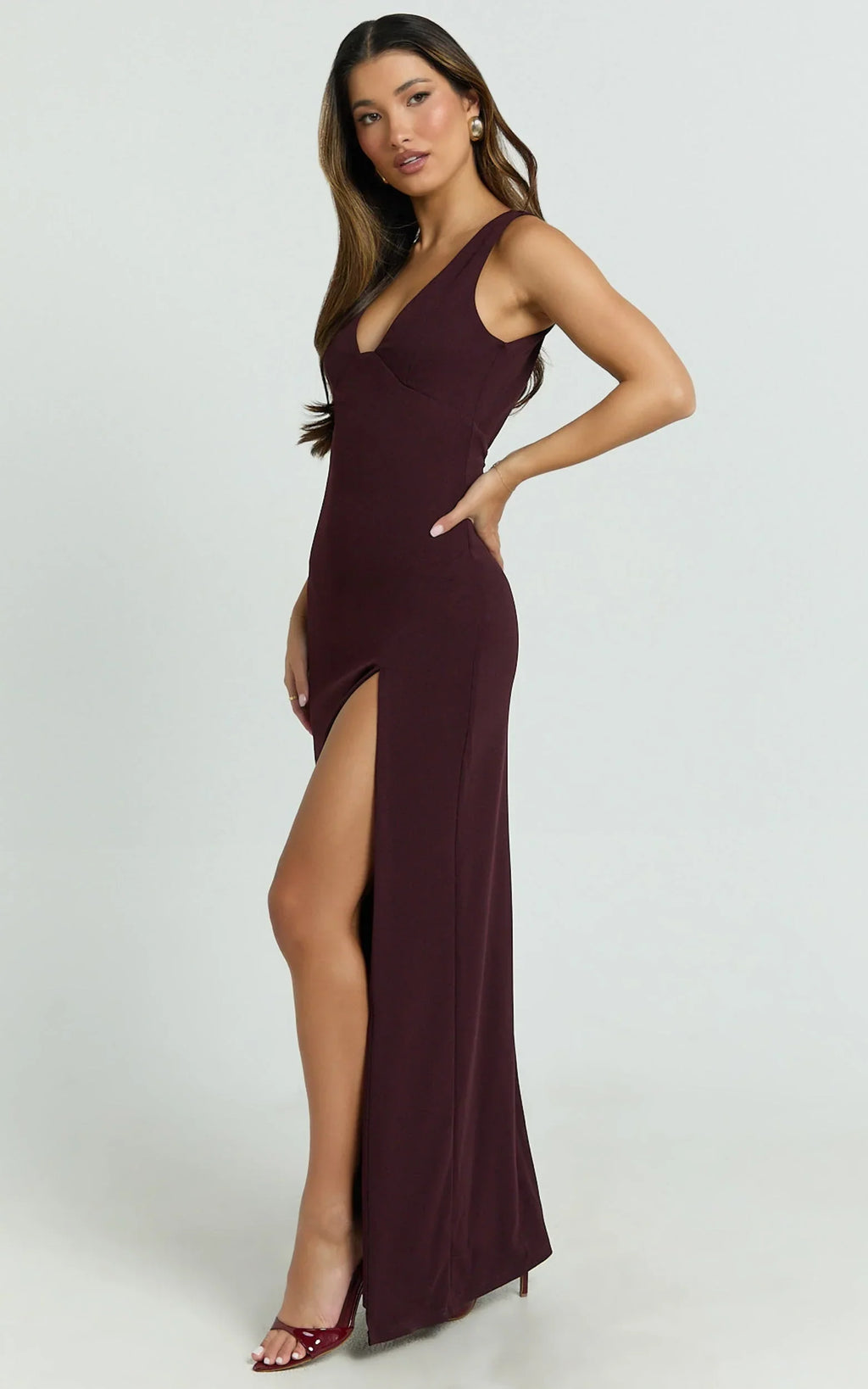Raya Maxi Dress - Deep V Neck Low Back Bodycon Dress in Wine