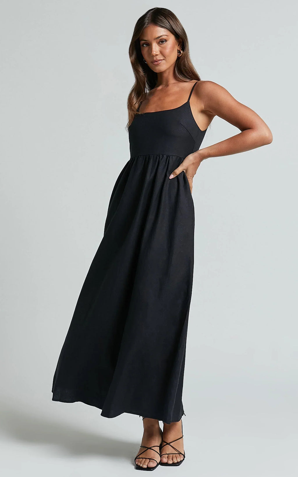 Kayrie Midi Dress - Strappy A Line Linen in Black