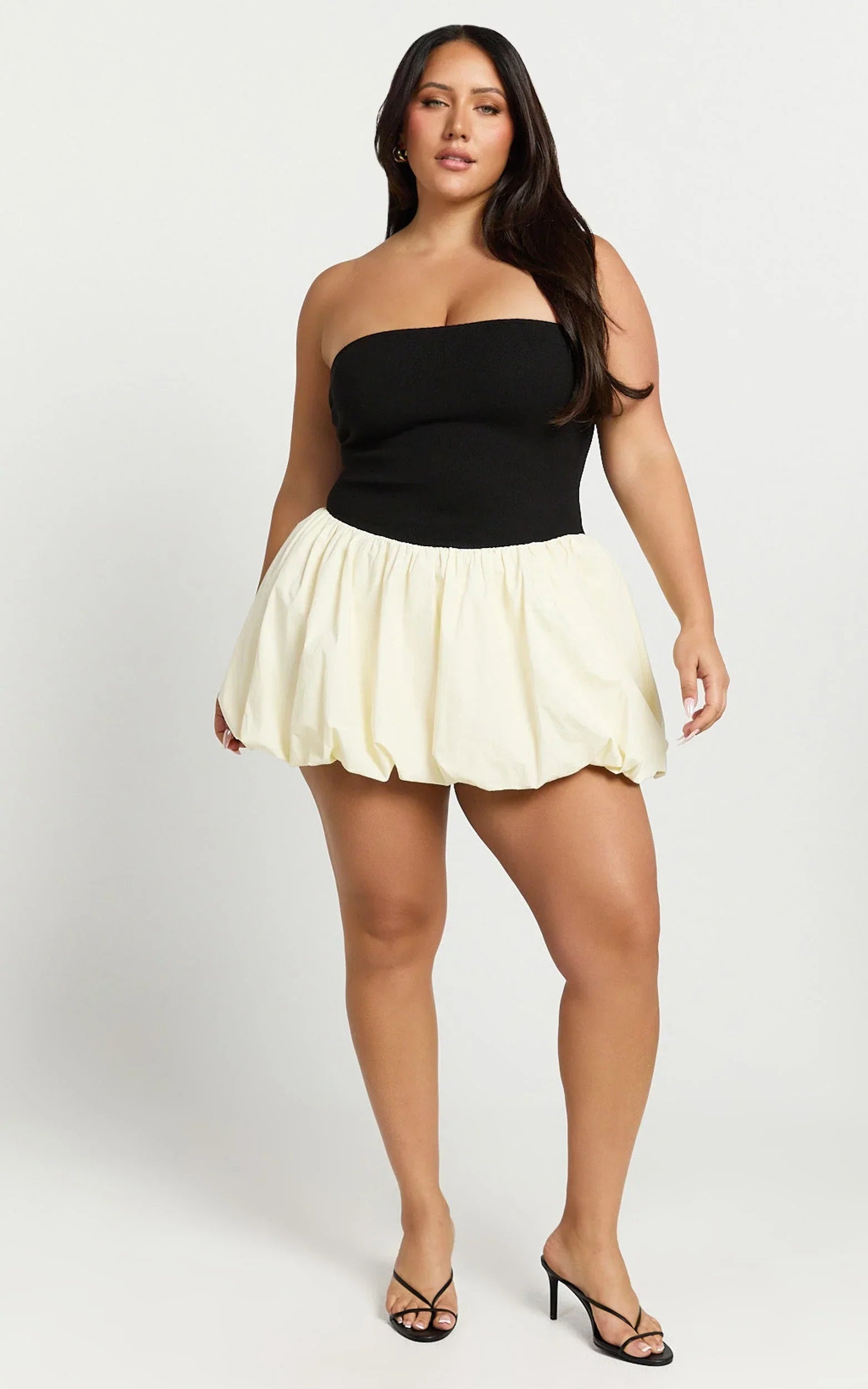 Harley Mini Dress - Strapless Drop Waist Bubble Hem Contrast Dress in White/Black