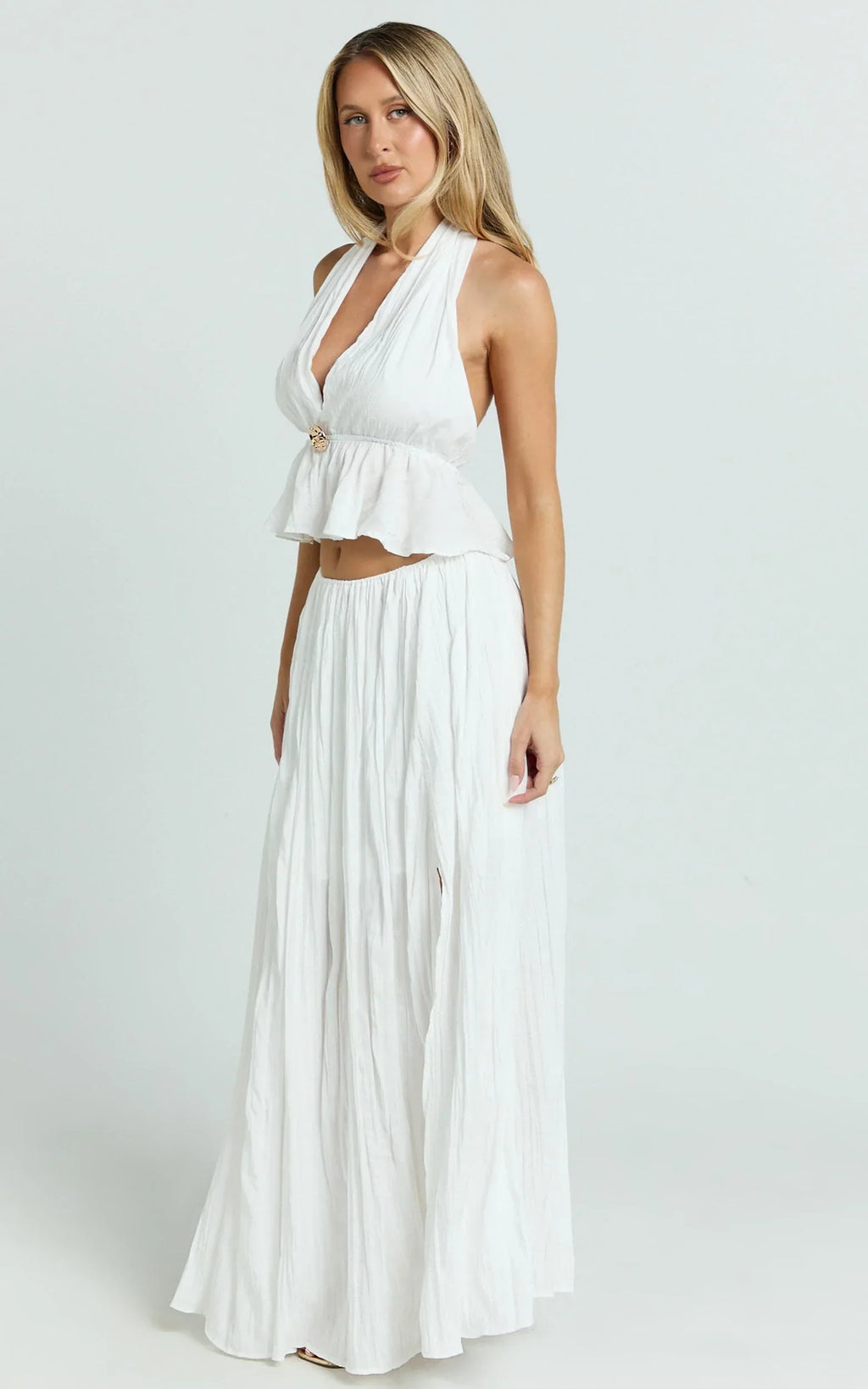 Heidi Top - Deep V Halter Neck Tie Brooch Detail Pleated Peplum Top in White