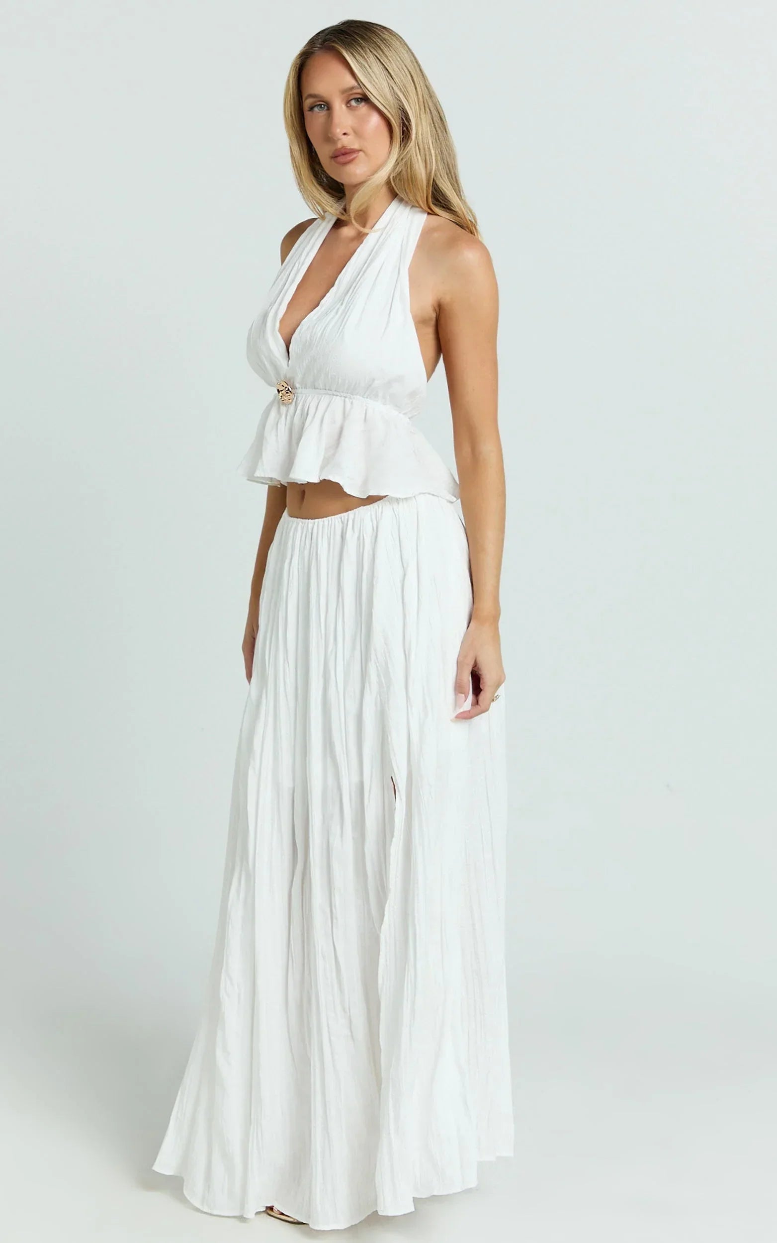 Heidi Top - Deep V Halter Neck Tie Brooch Detail Pleated Peplum Top in White