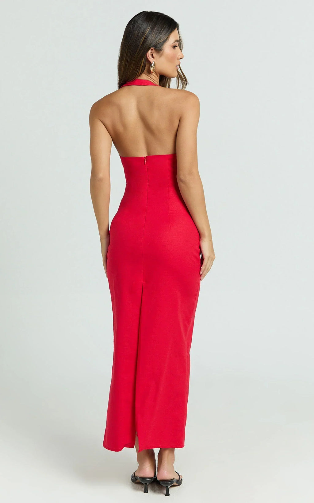 Arlette Midi Dress - Strappy V Neck Under Bust Gathered Tie Front Bias Slip Skirt Dress in Red