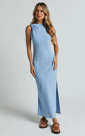 Jessenia Midi Dress - Linen High Neck Dress in Blue