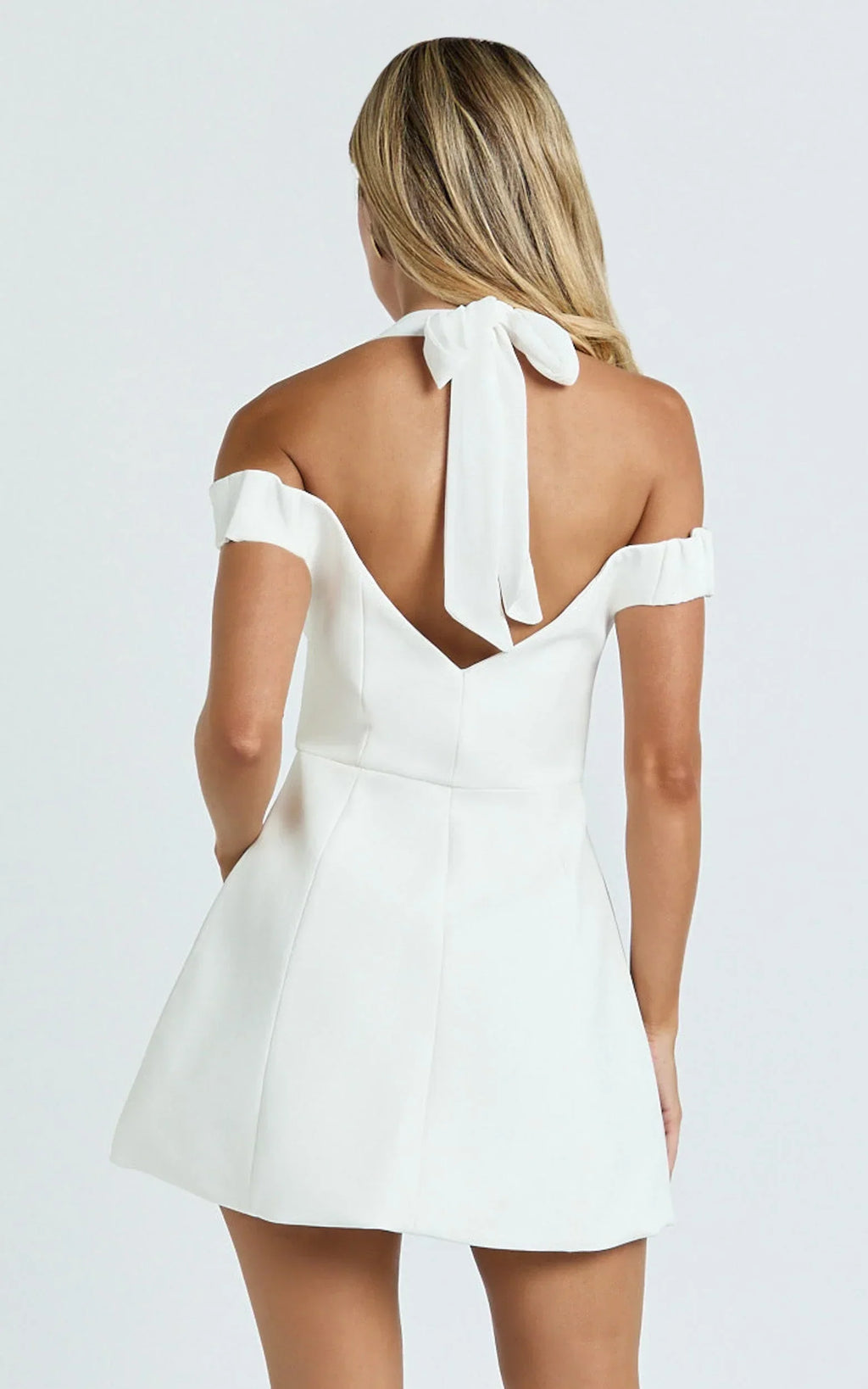 Baylee Mini Dress - Off Shoulder Button Front Tulip Skirt Dress in White