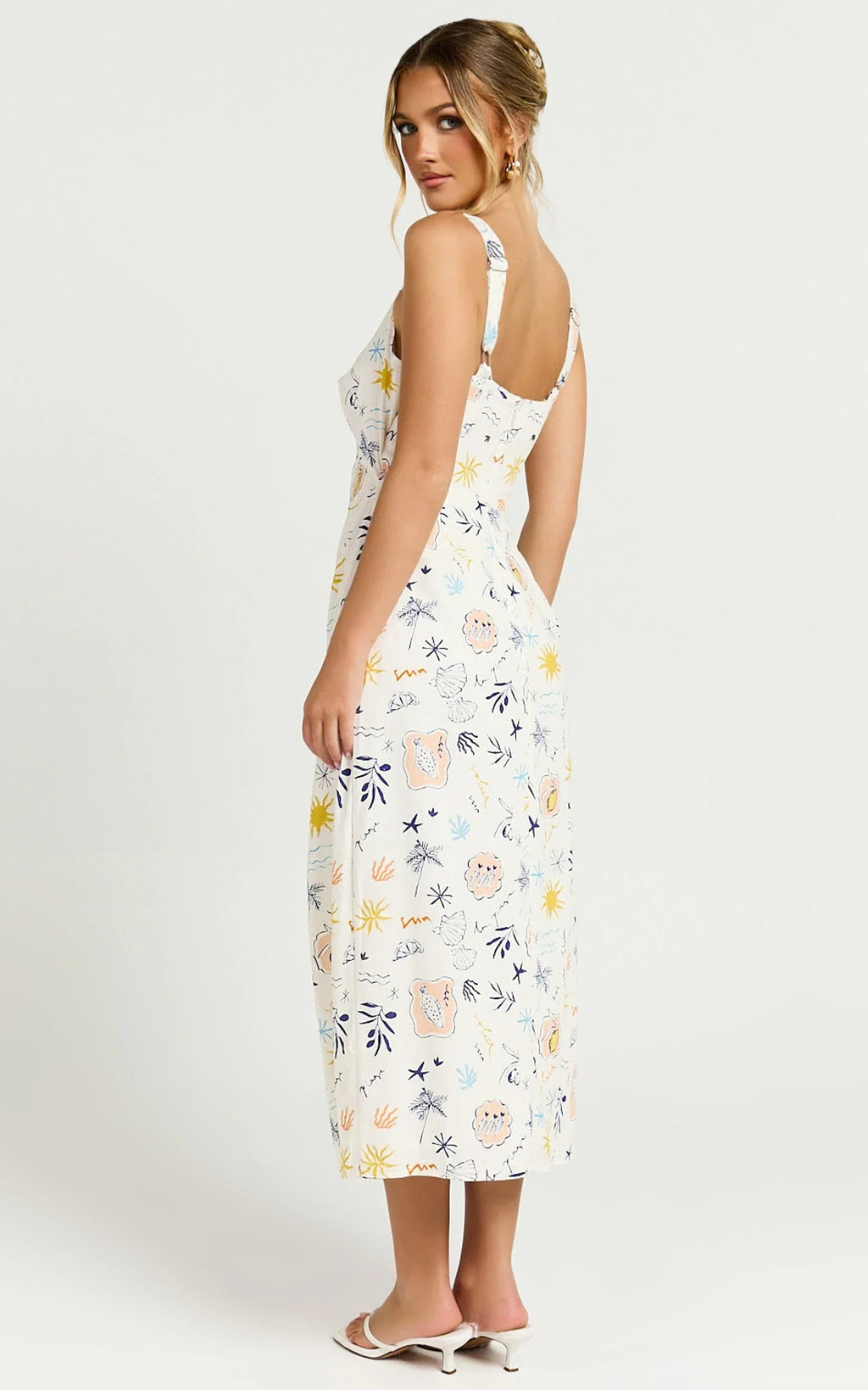 Nicola Midi Linen Blend Dress - Strappy Front Twist Cut Out Column Dress in Soleil Print