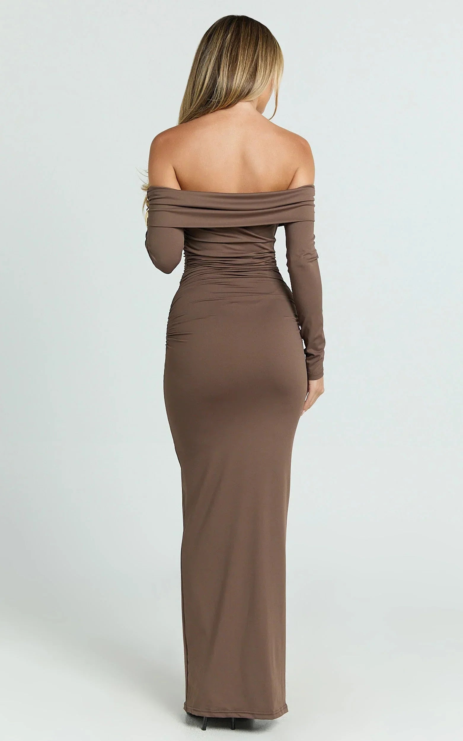 Emilie Maxi Dress - Off Shoulder Long Sleeve Ruched Jersey Dress in Dark Brown