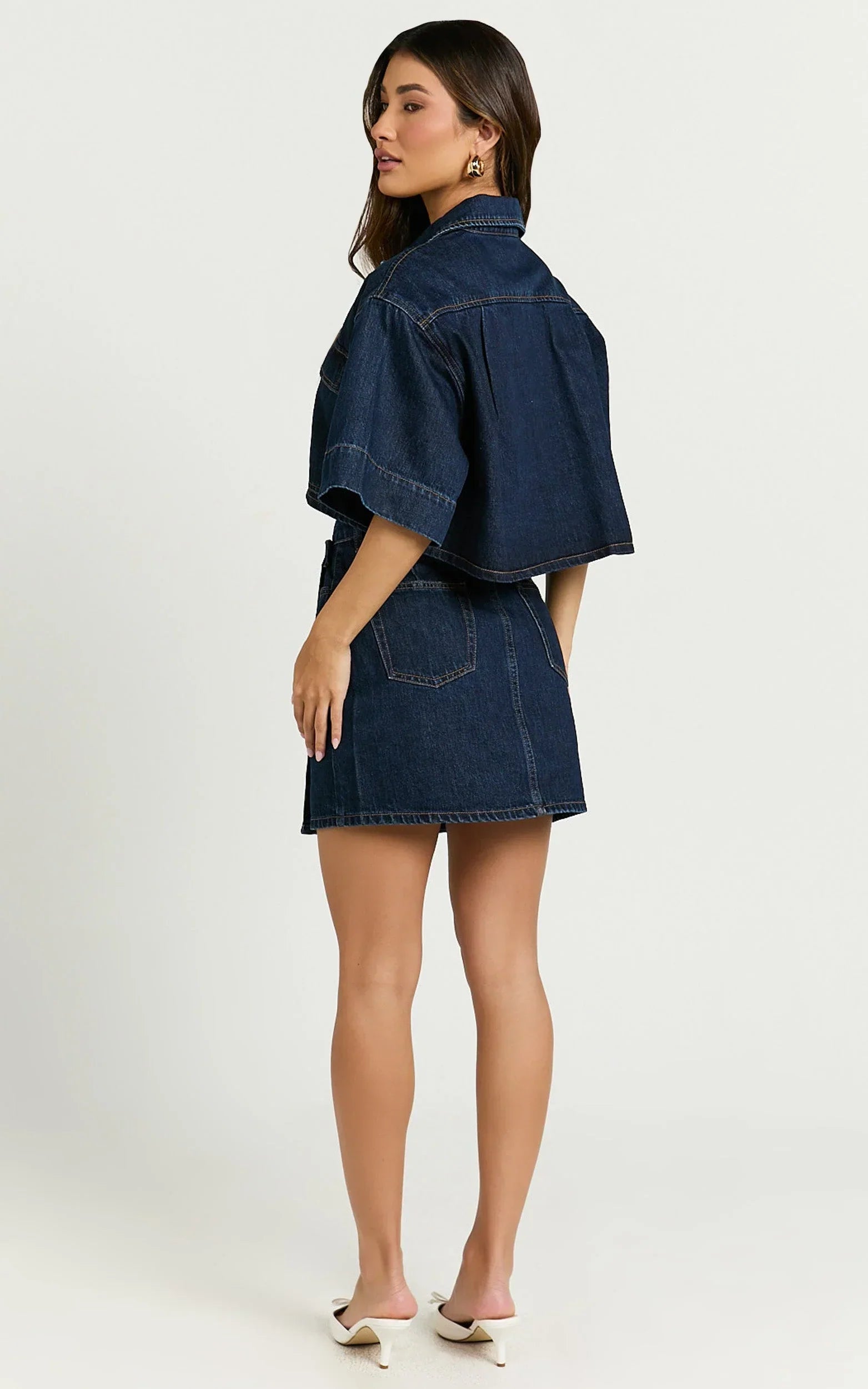 Katherine Top - Crop Button Down Collared Recycled Denim Short Sleeve Top in Dark Blue Wash