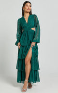 Jacinda Maxi Dress - Cut Out Long Sleeve Thigh Split Tiered Dress in Emerald