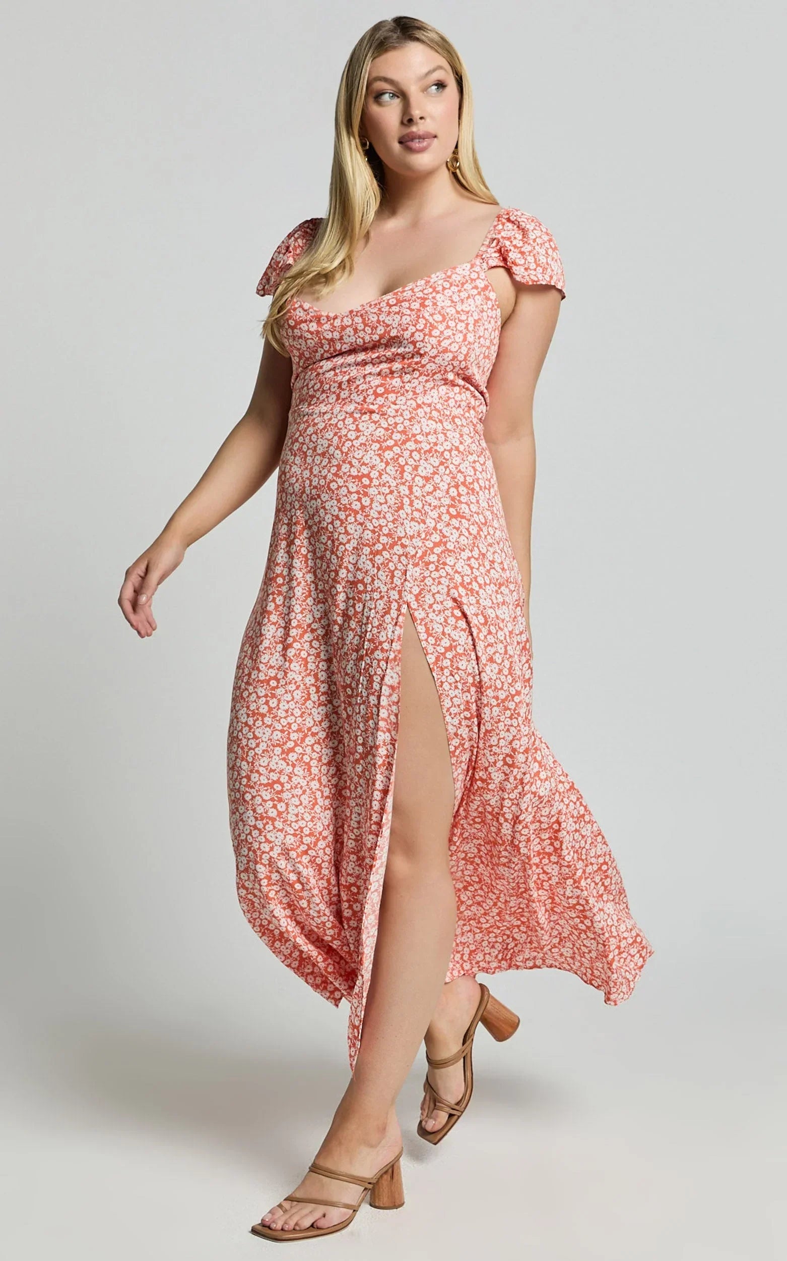 Donissa Midi Dress - Thigh Split Flutter Sleeve Dress in Orange Floral