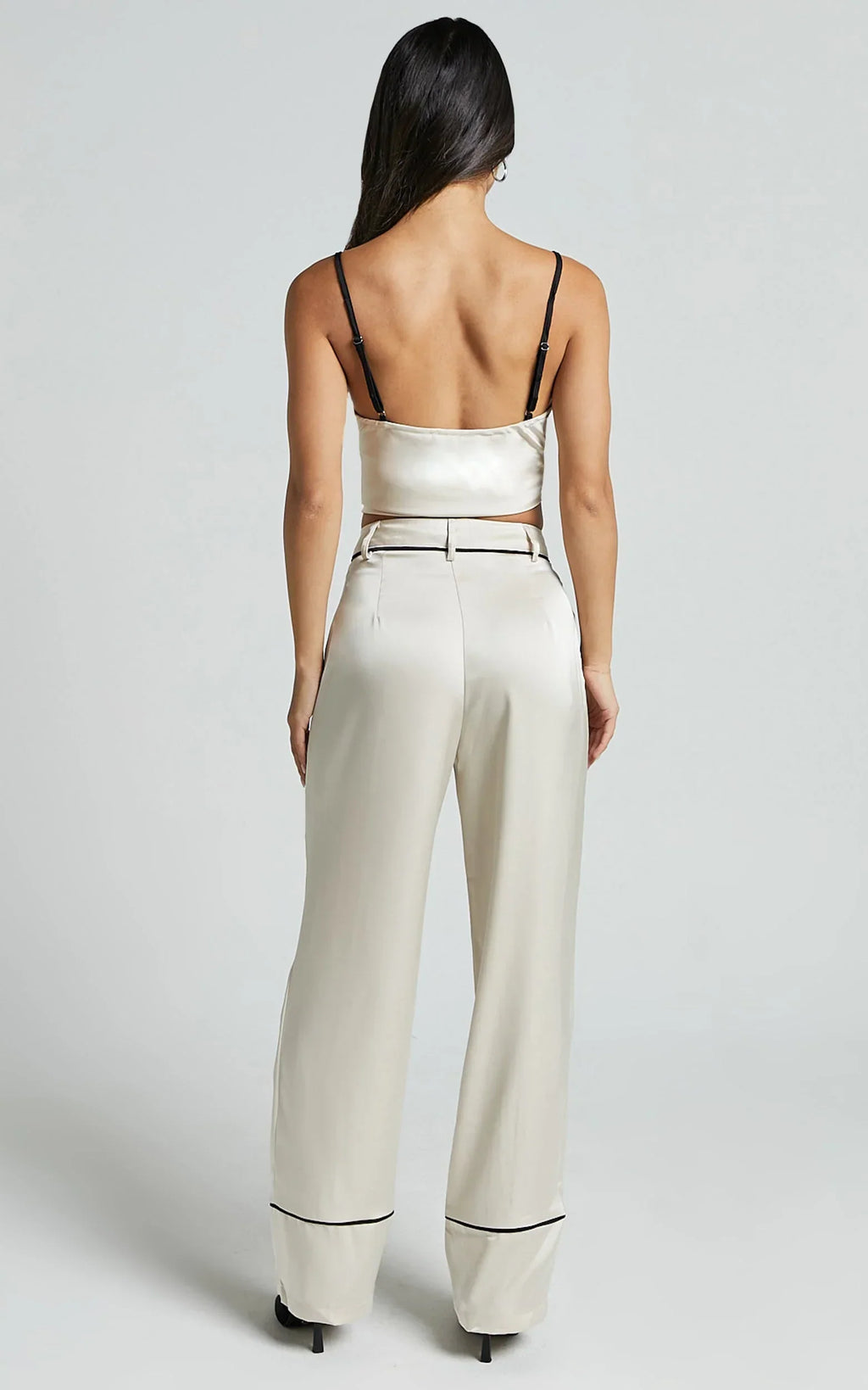 Bobbie Pants - High Waist Contrast Piping Pants in Oyster
