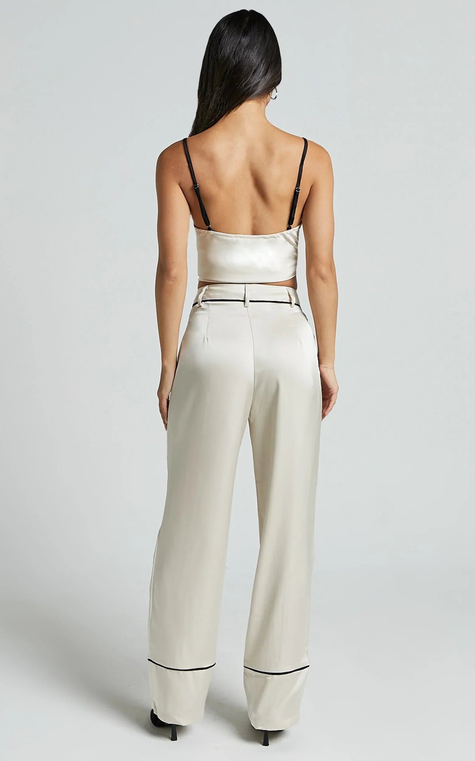 Bobbie Pants - High Waist Contrast Piping Pants in Oyster