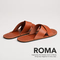 Miele | Flat leather sandals with debossed PLG three tree logo in sole, text reads "Roma. Inspired by the timeless charm of Rome, bring easy elegance to every step..."