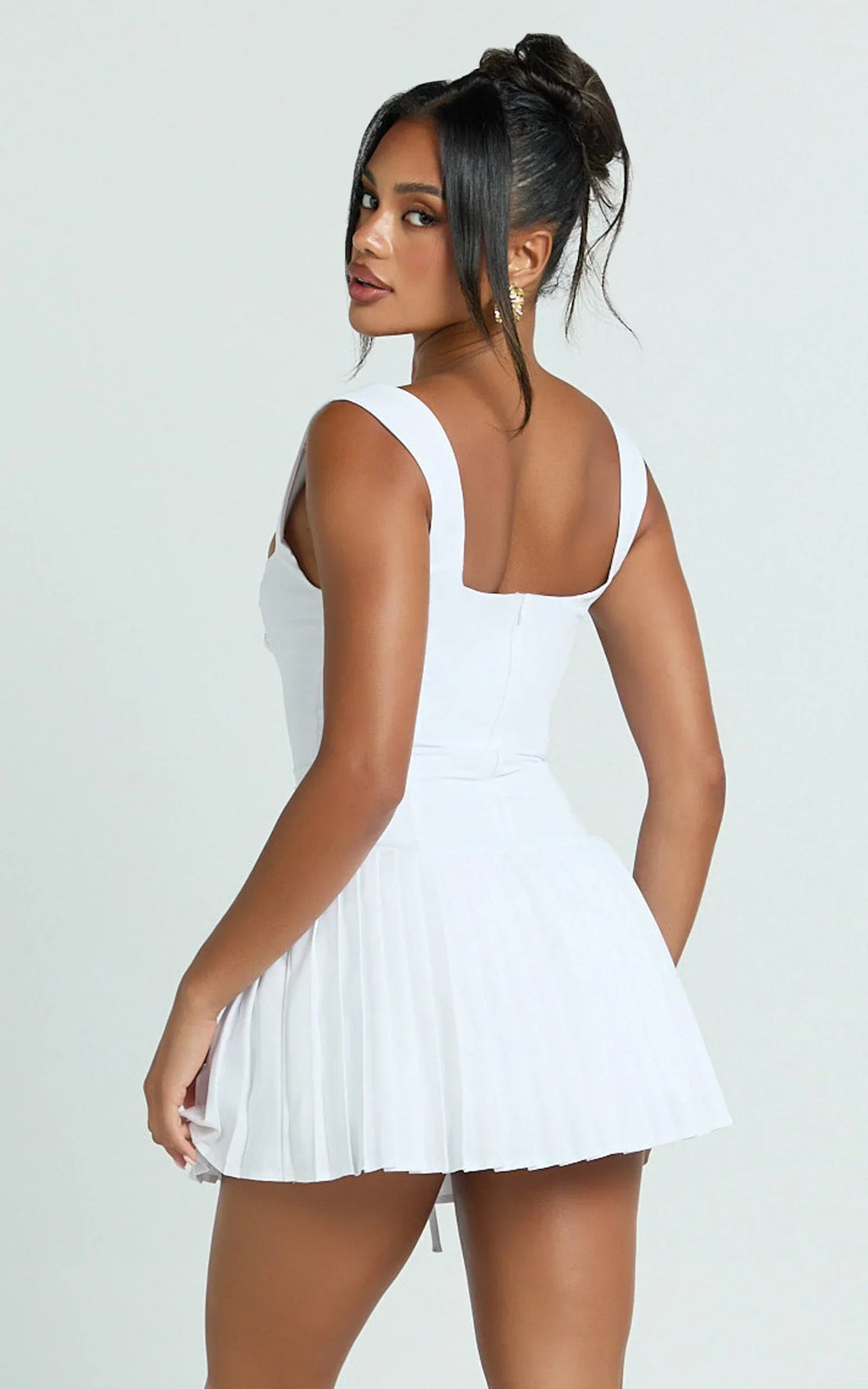 Fraida Mini Dress - Lace Front Dropped Waist Pleated Dress in White