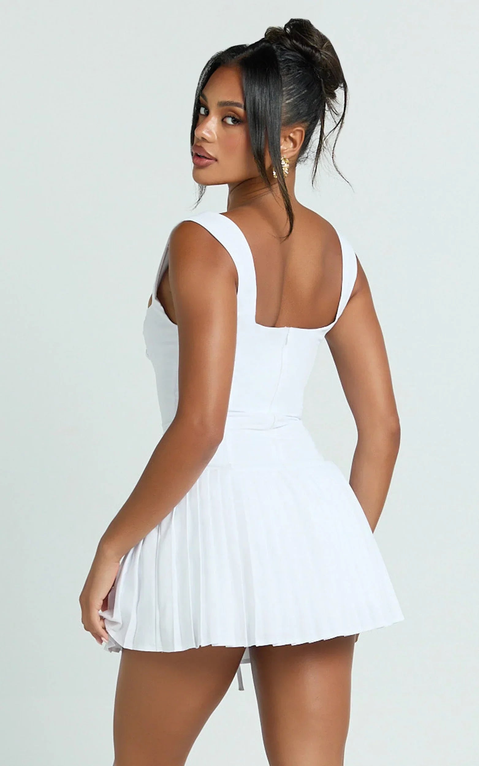 Fraida Mini Dress - Lace Front Dropped Waist Pleated Dress in White