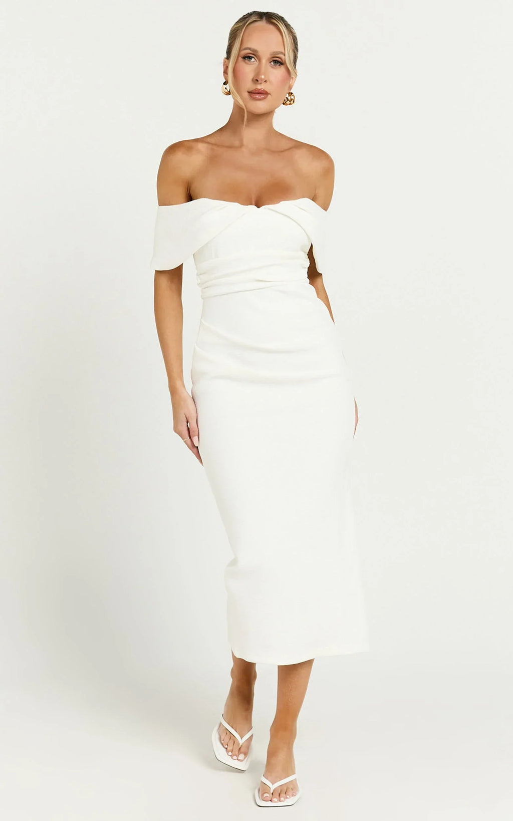 Noraly Midi Dress - Off The Shoulder Slip Dress in White