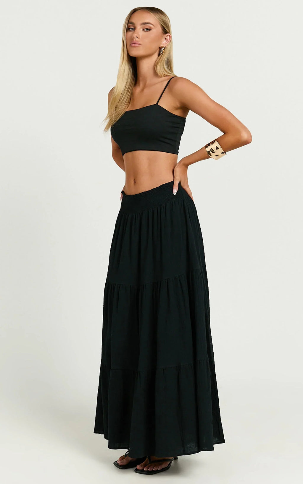 Ruby Midi Skirt - Shirred High Waist Cotton Tiered Skirt in Black