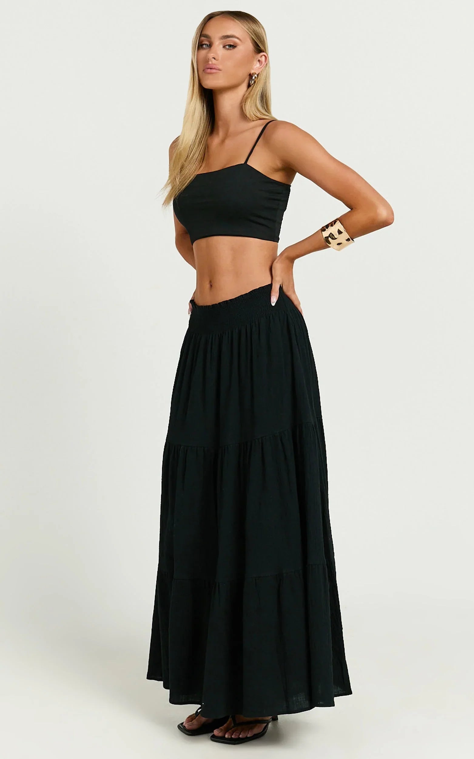 Ruby Midi Skirt - Shirred High Waist Cotton Tiered Skirt in Black
