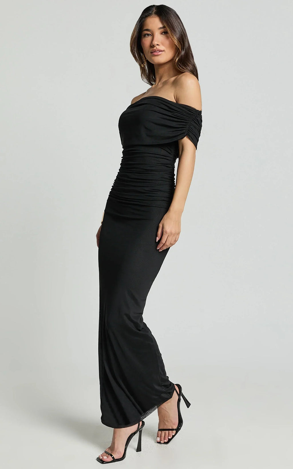 Caterina Maxi - Ruched Off Shoulder Mesh Dress in Black