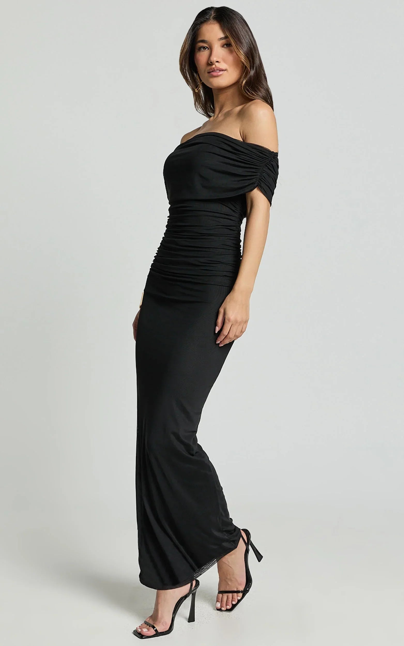 Caterina Maxi - Ruched Off Shoulder Mesh Dress in Black