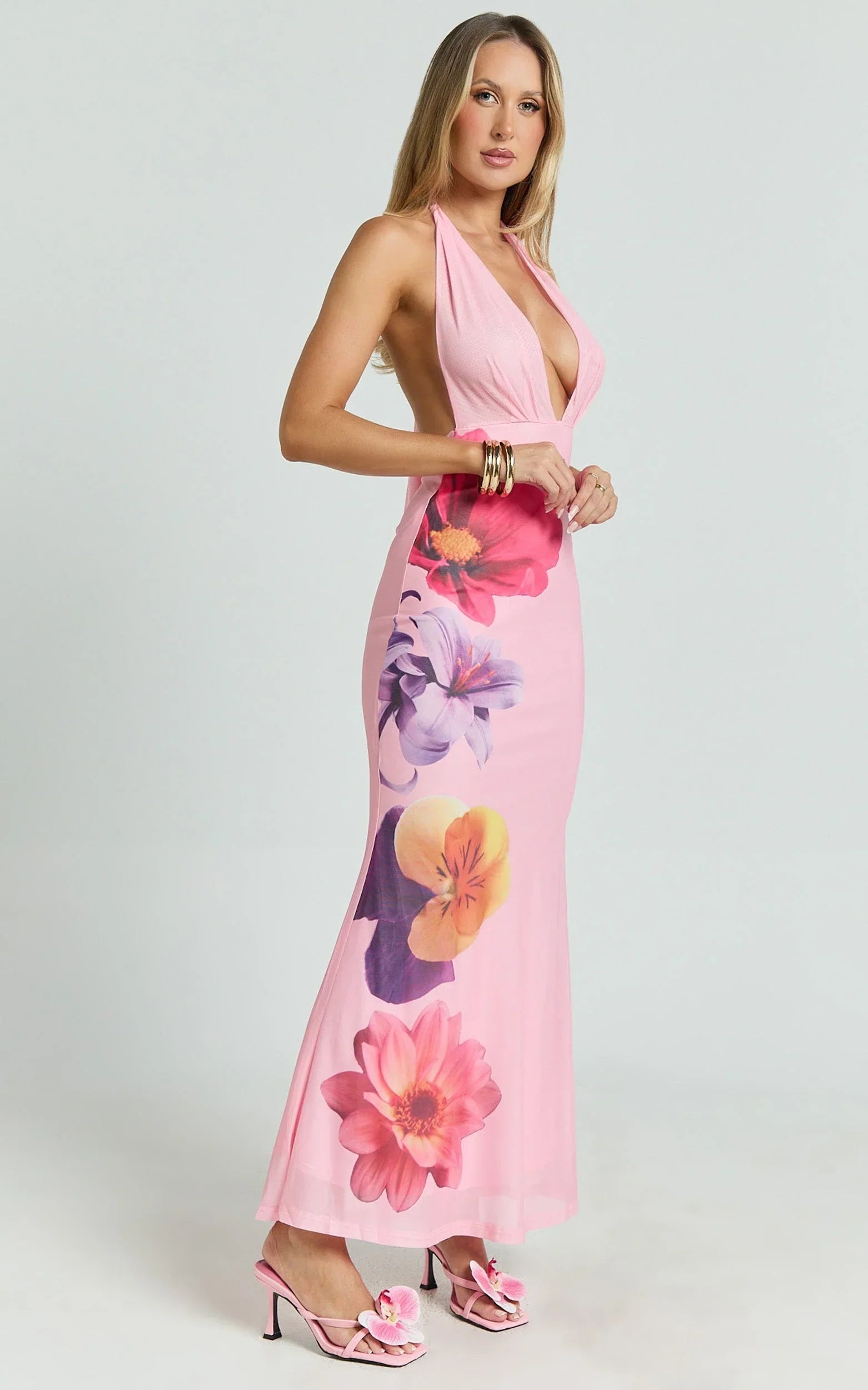 Jessy Maxi Dress - Halter Floral Dress with Scarf in Pink Floral