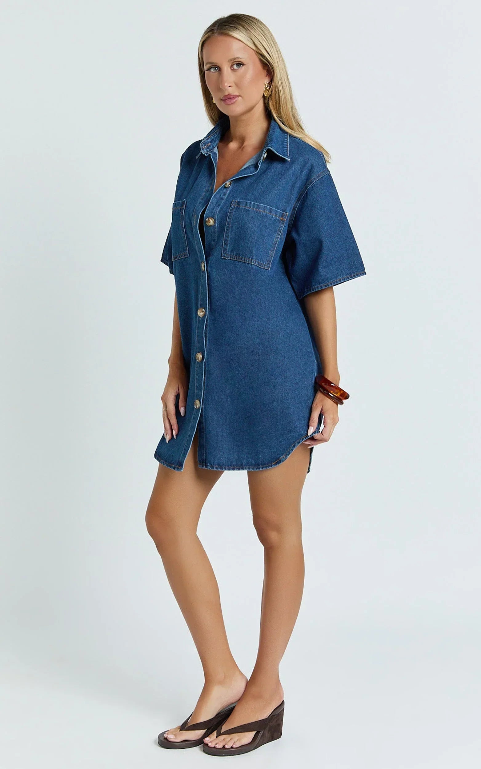 Richelle Mini Dress - Short Sleeve Denim Shirt Dress in Mid Blue
