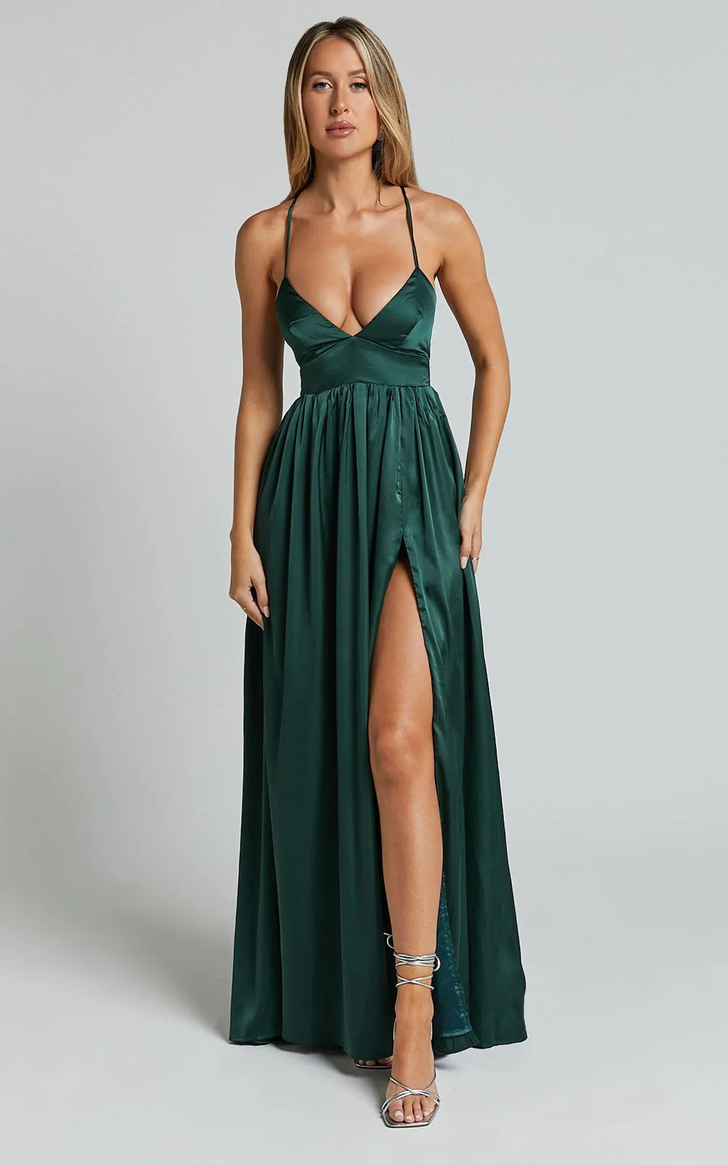 I Want The World To Know Maxi Dress - Thigh Split Tie Back Dress in Emerald
