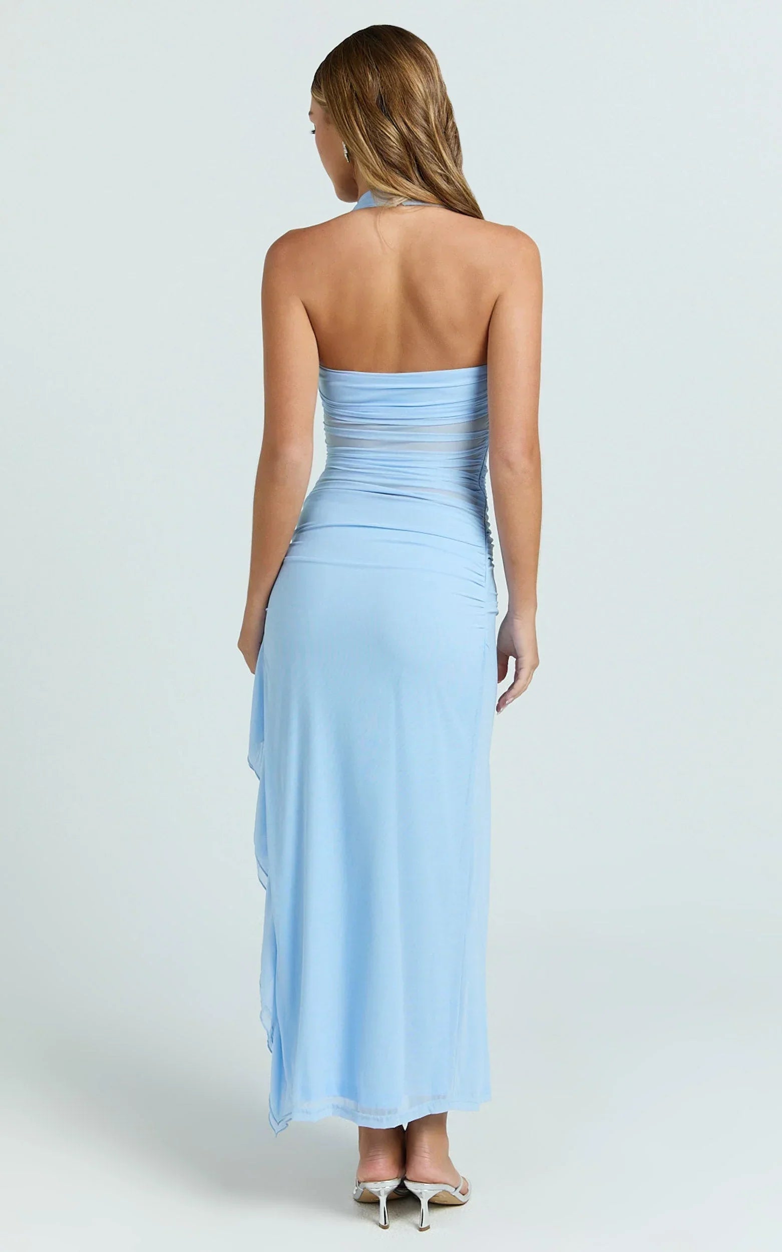 Almarie Midi Dress - Halter Neck Mesh Dress in Blue