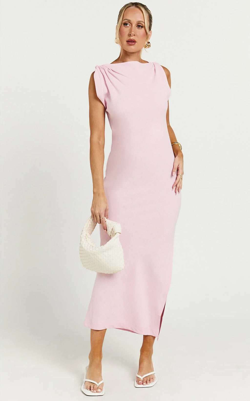 Jessenia Midi Dress - Linen High Neck Dress in Soft Pink