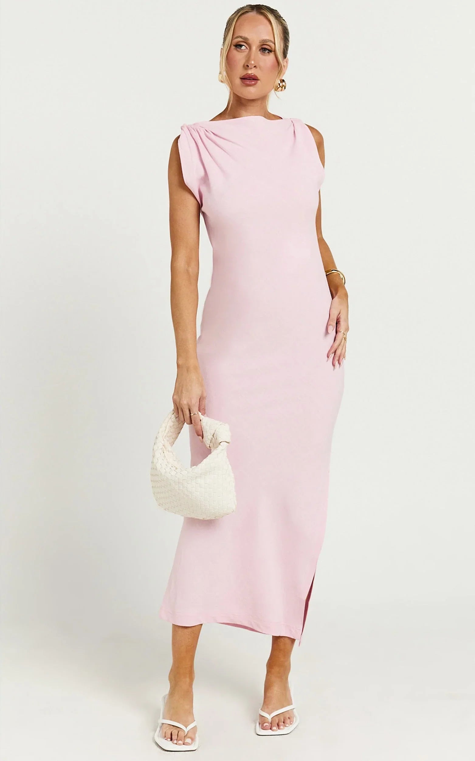 Jessenia Midi Dress - Linen High Neck Dress in Soft Pink