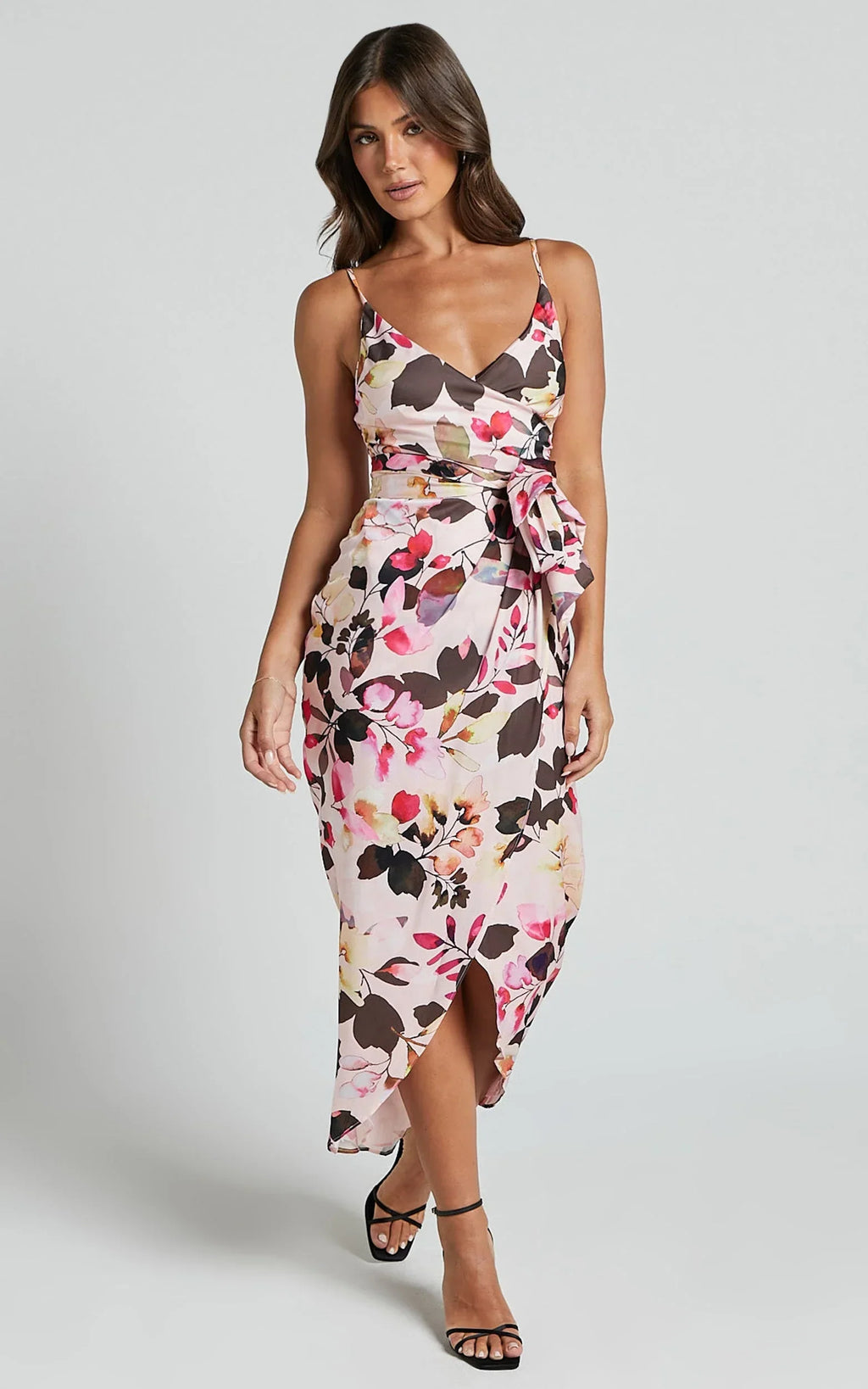 Maddison Midi Dress - Strappy Wrap Dress in Rosalind Print