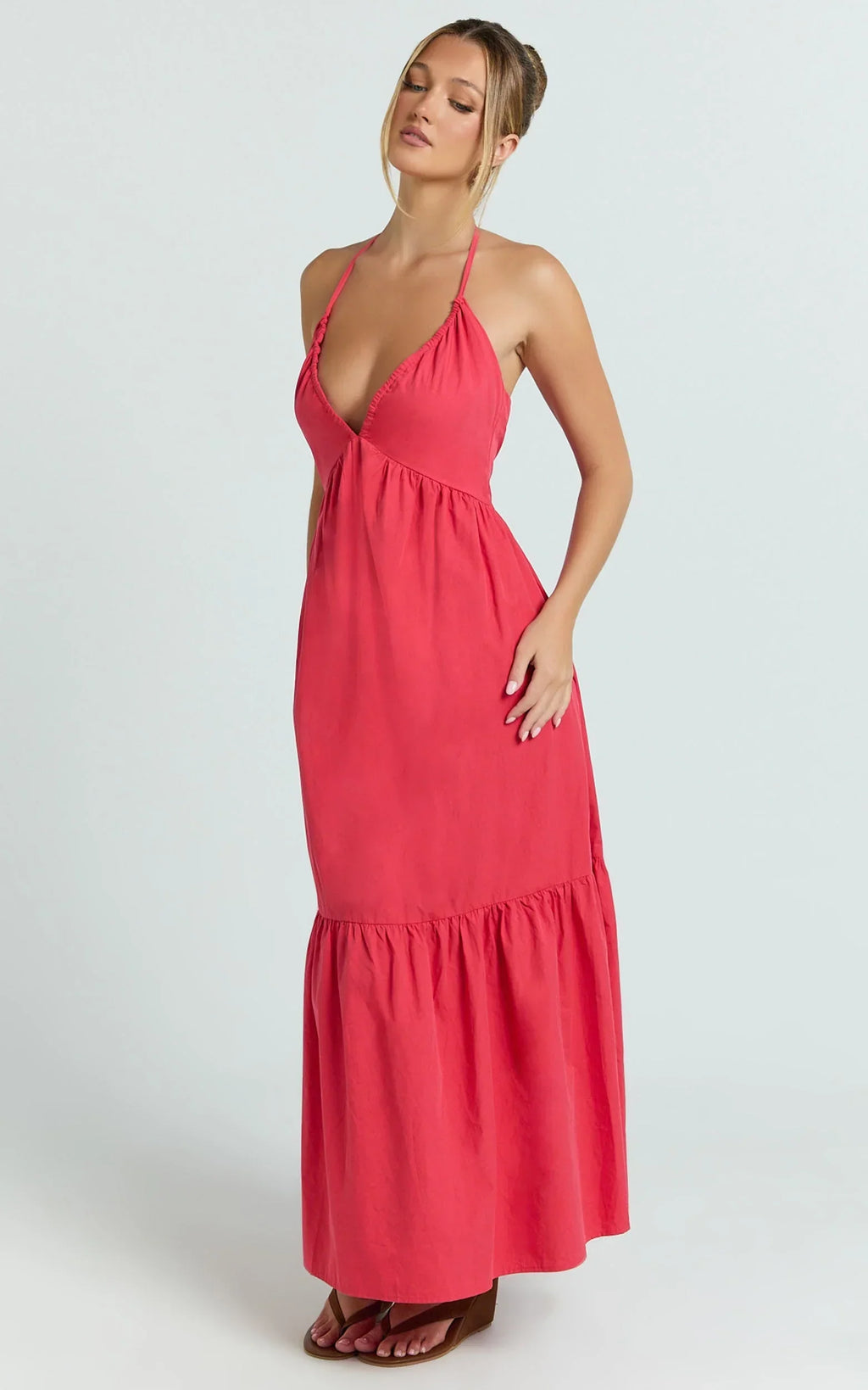 Augusta Midi Dress - Gathered Halter Neck Tiered Midi Dress in Red