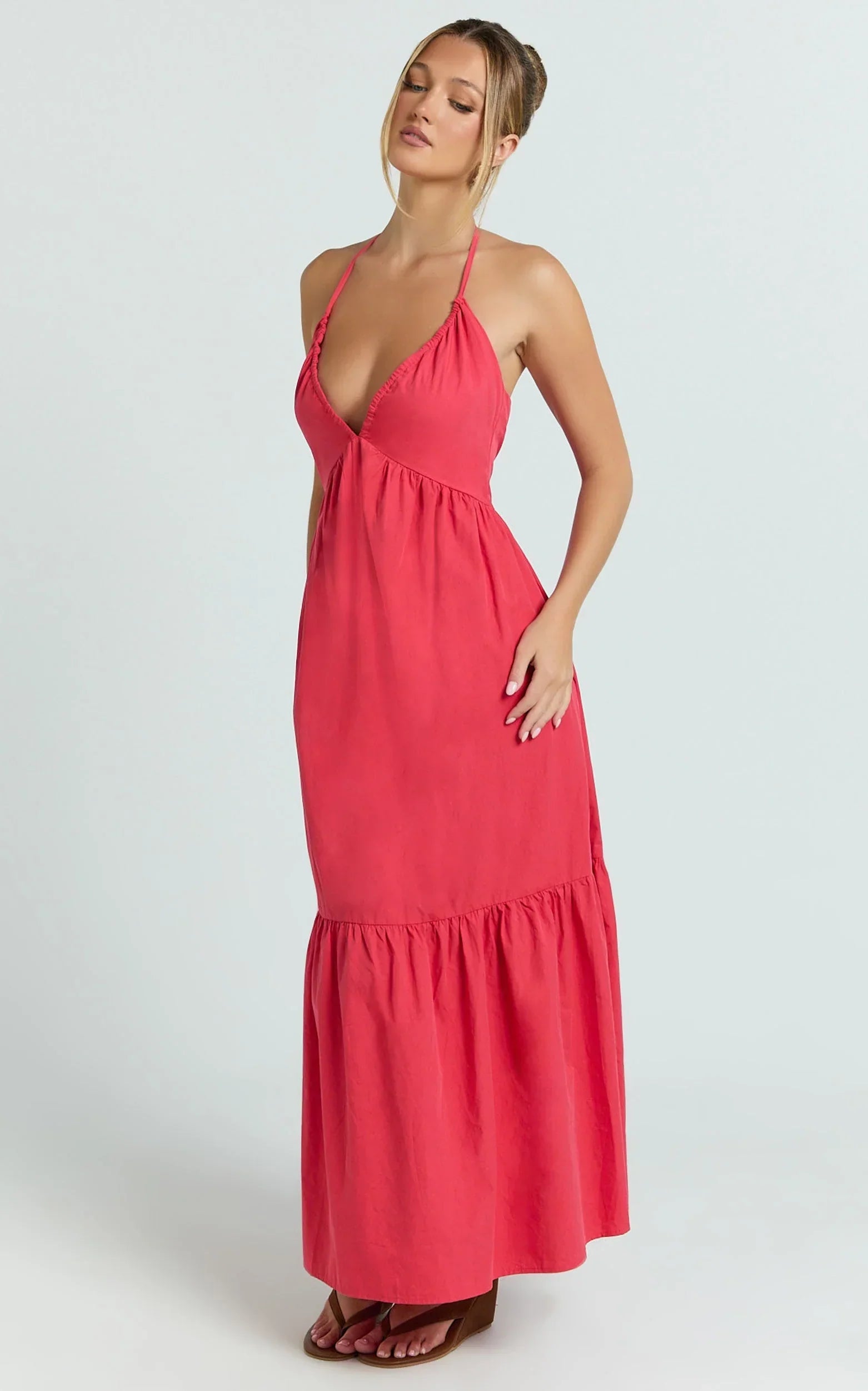 Augusta Midi Dress - Gathered Halter Neck Tiered Midi Dress in Red