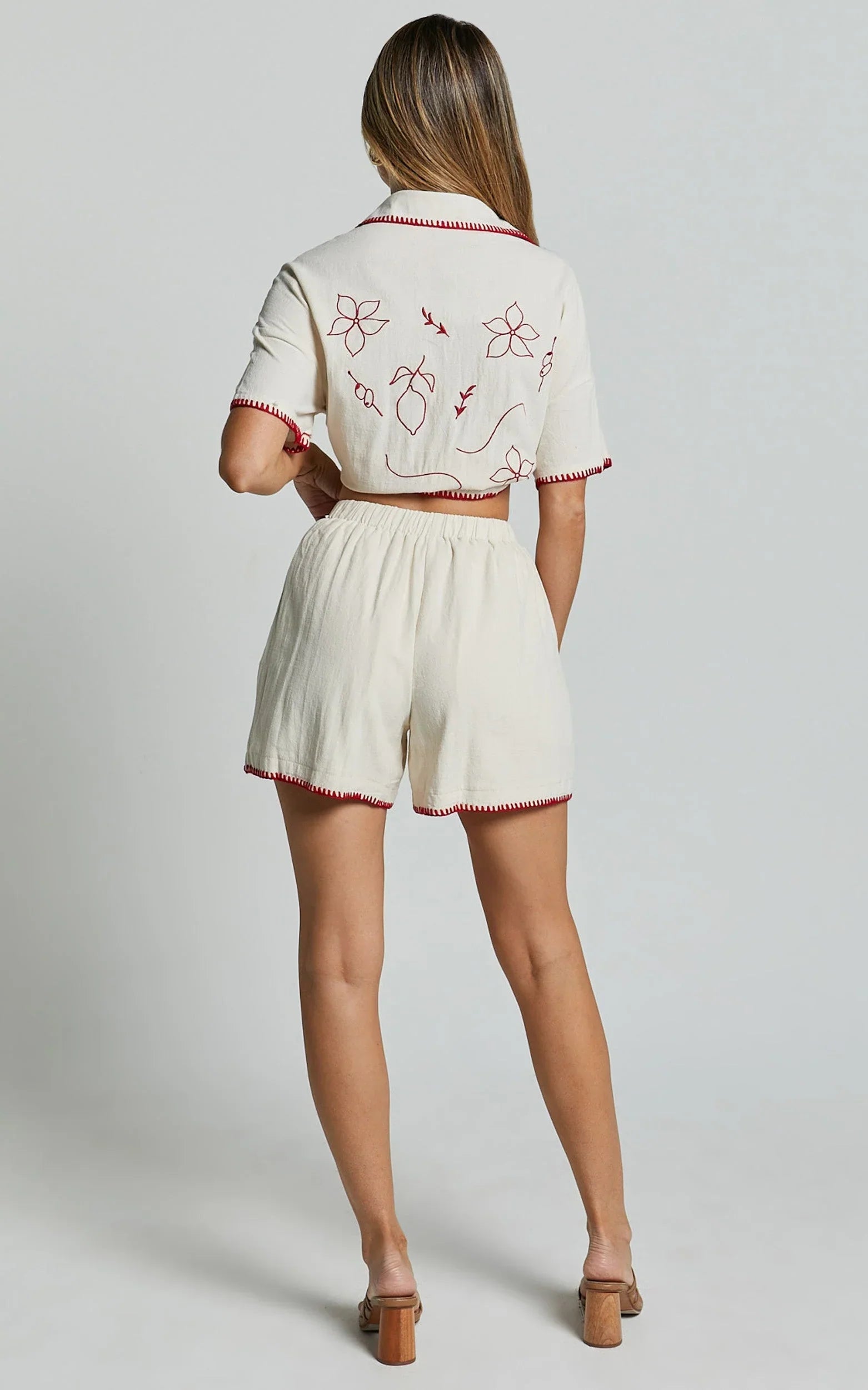 Josie Shorts - Linen Look Red Trim Detail Shorts in Cream & Red Print