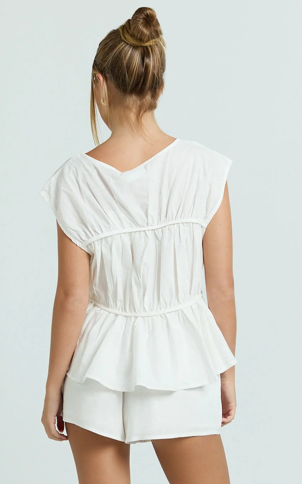 Alina Two Piece Set - Ruched Detail Top and Short Pants Set in White