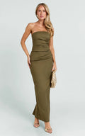 Jamie Midi Dress - Strapless Ruched Fitted Column Dress in Olive