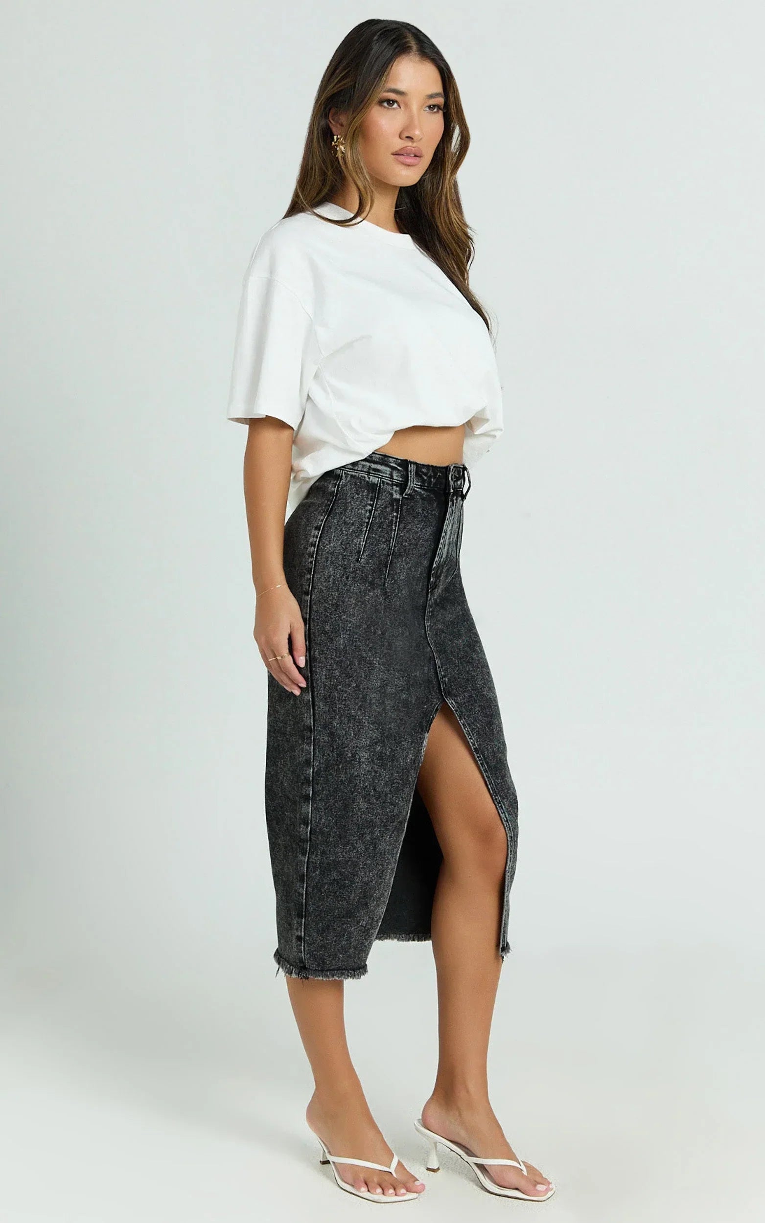 Janeve Midi Skirt - Front Split Denim Skirt in Black Acid Wash