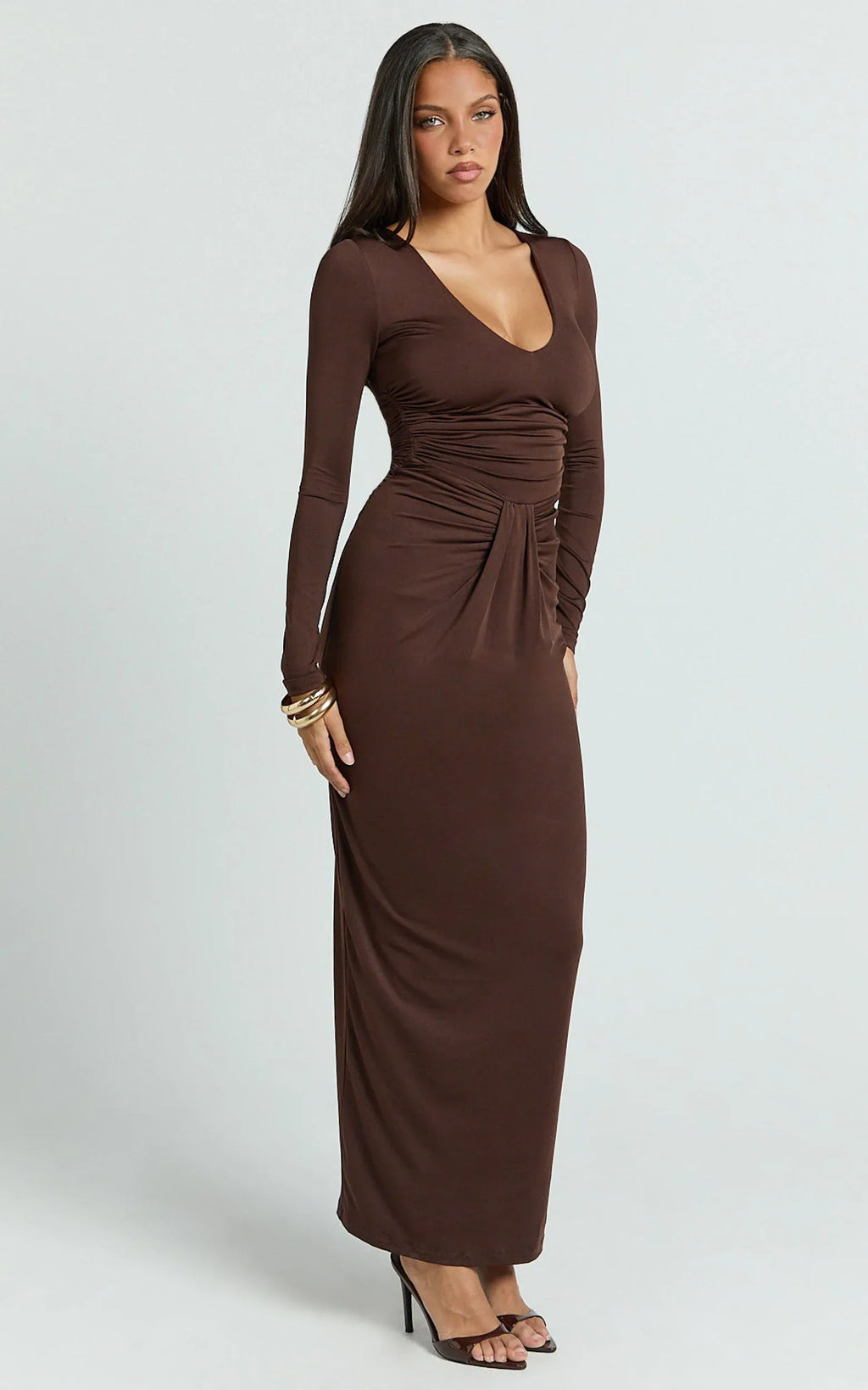 Dixie Maxi Dress - Plunge Long Sleeve Bodycon Dress in Chocolate