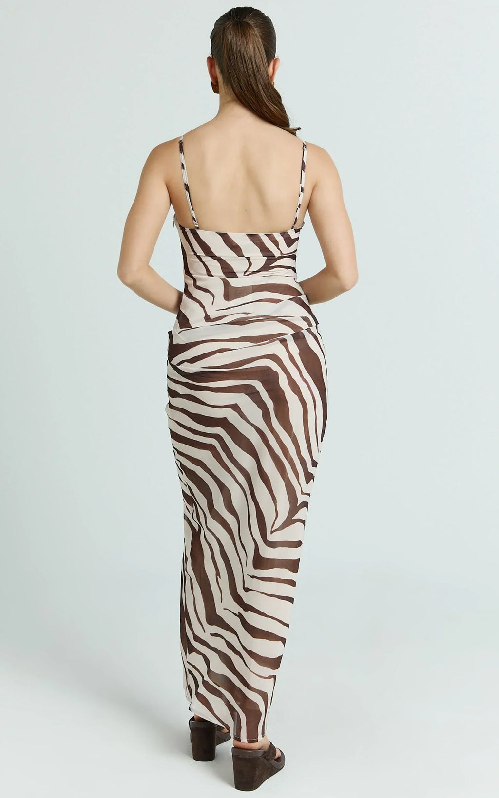 Gwendolyn Maxi Dress - Zebra Bias Spaghetti Strap Dress in Choc Zebra