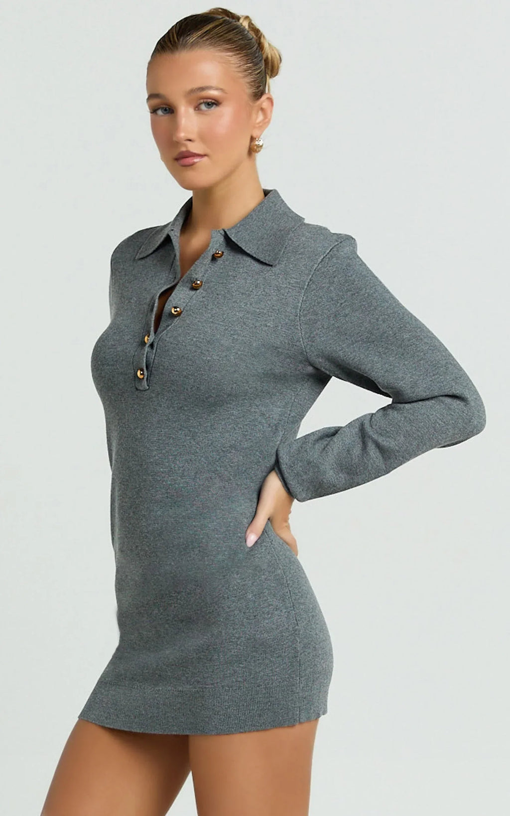 Jolene Mini Dress - Long Sleeve Knitted Polo Dress in Dark Grey