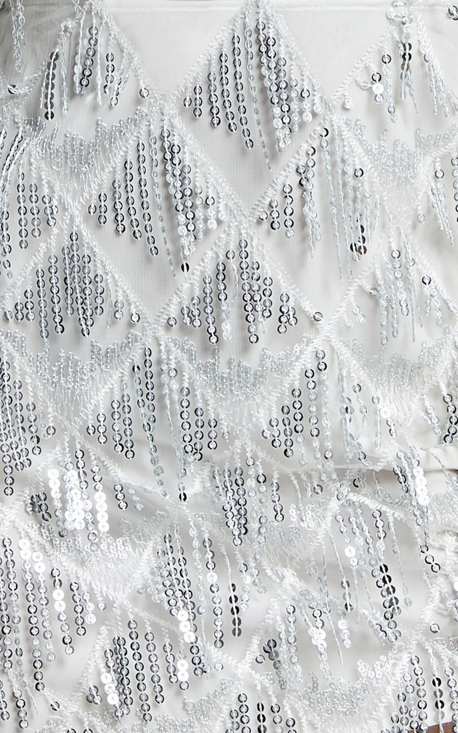 Khrizza Mini Skirt - Sequin Diamond Mesh Skirt in White/Silver