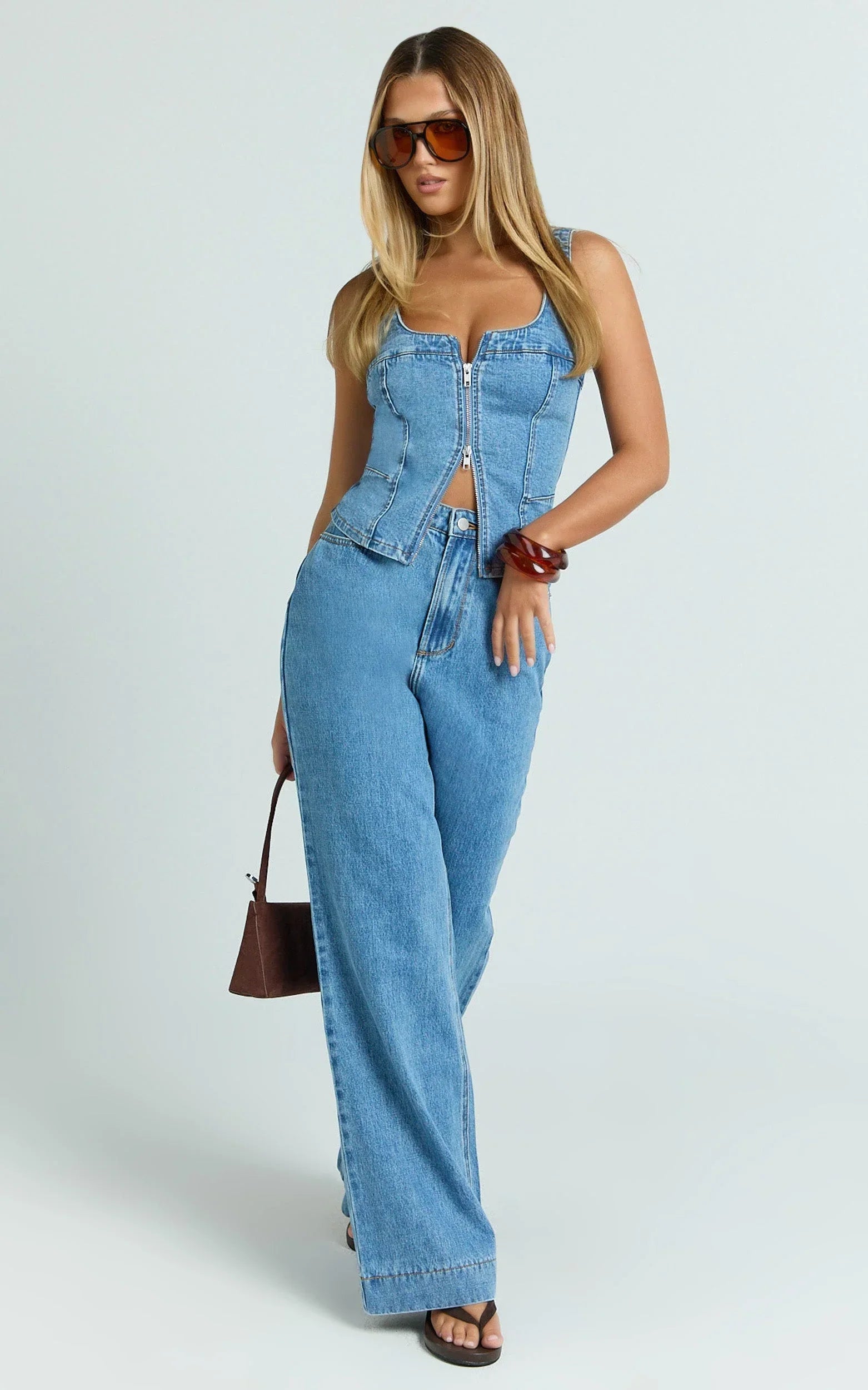 Emman Jeans - High Waisted Cotton Wide Leg Denim Jeans in Mid Blue