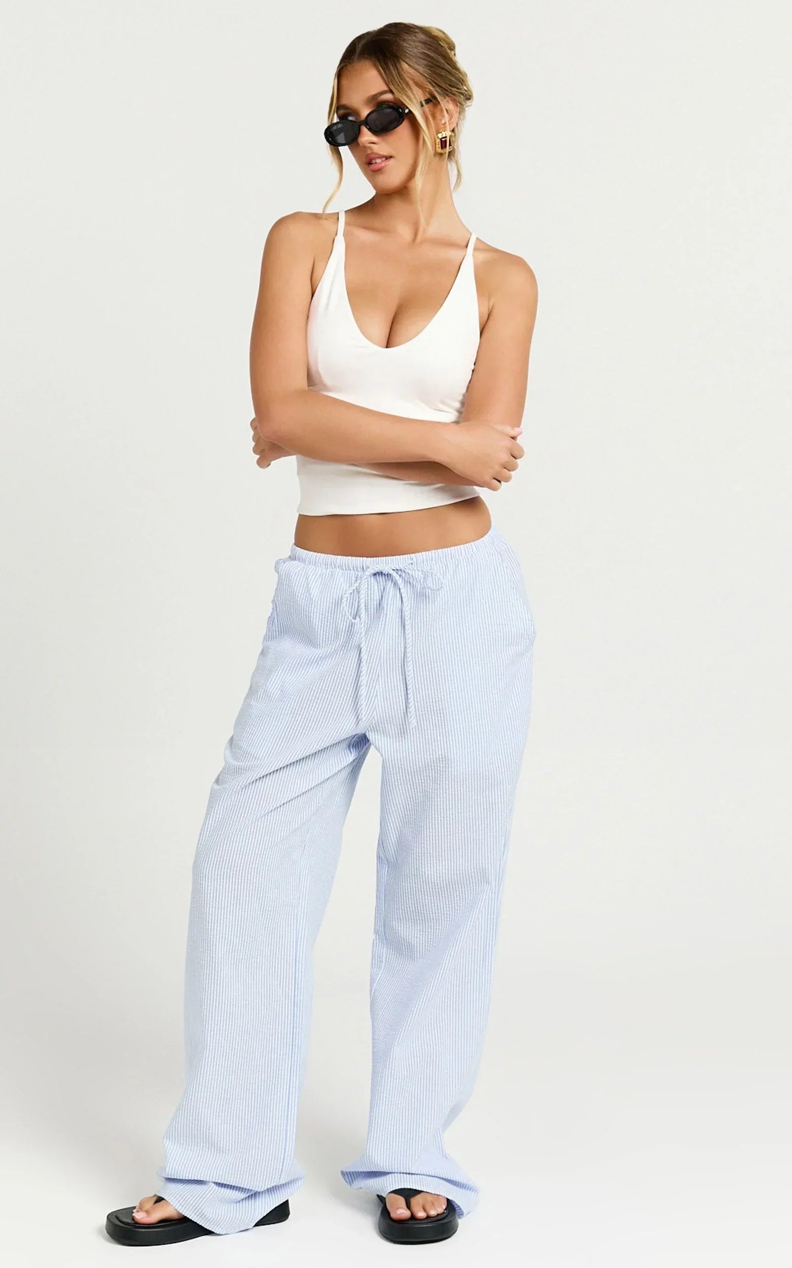 Harlo Pants - Mid Waisted Relaxed Leg Stripe Pants in Blue/ White