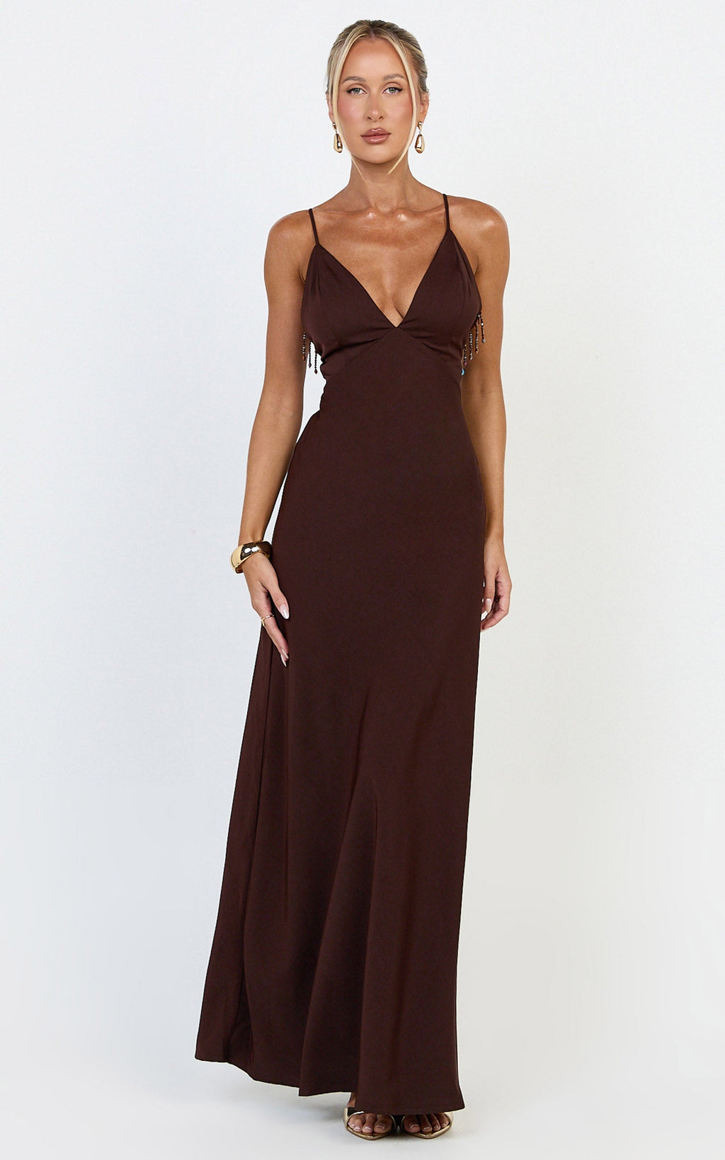 Azura Maxi Dress - Backless Beaded Trim Dress in Chocolate