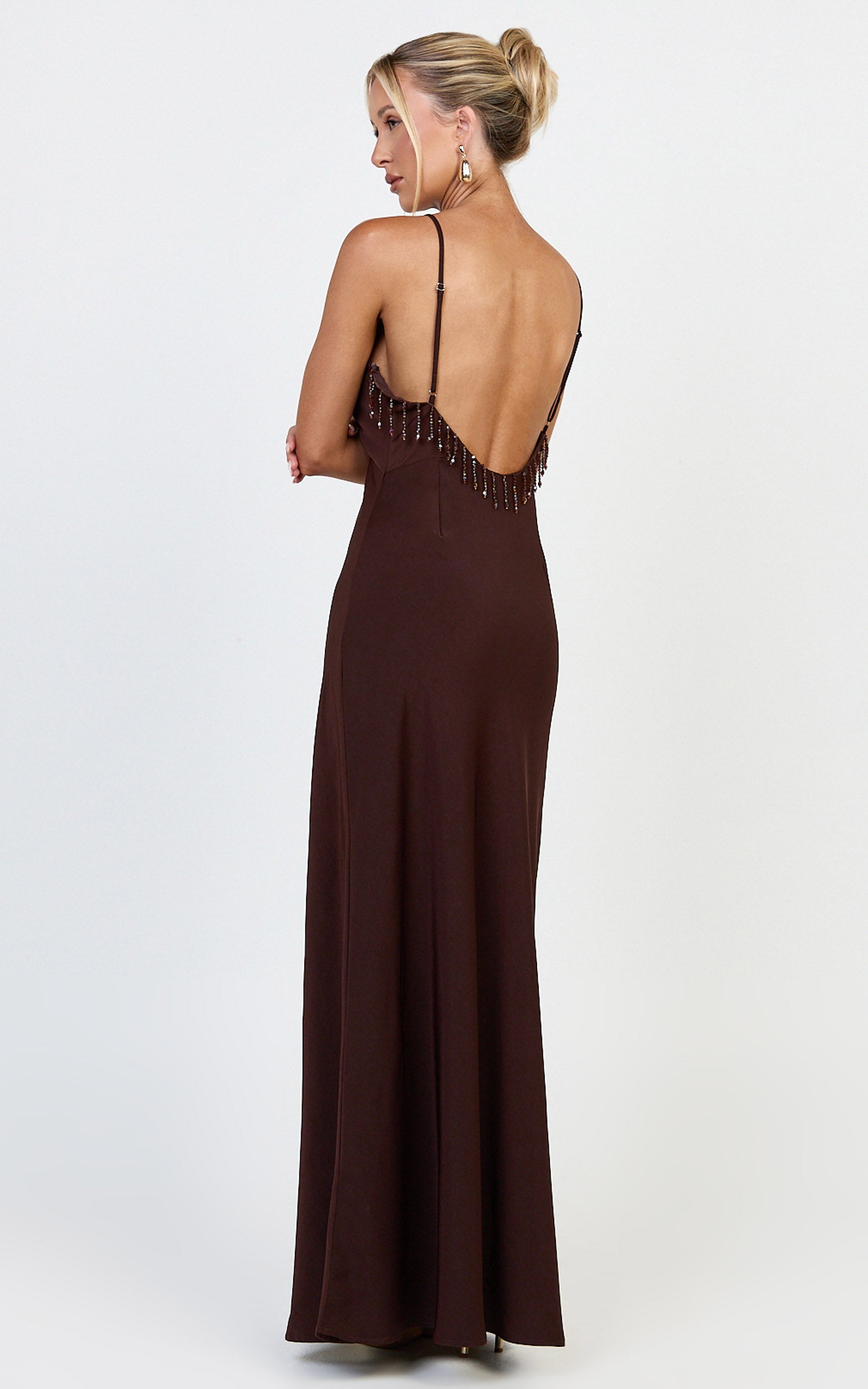 Azura Maxi Dress - Backless Beaded Trim Dress in Chocolate