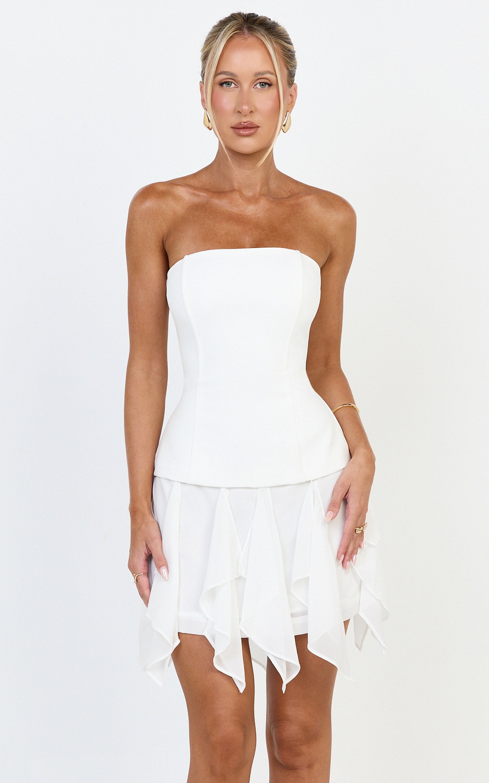 Selani Mini Dress - Strapless Bodice Ruffle Hem Dress in White