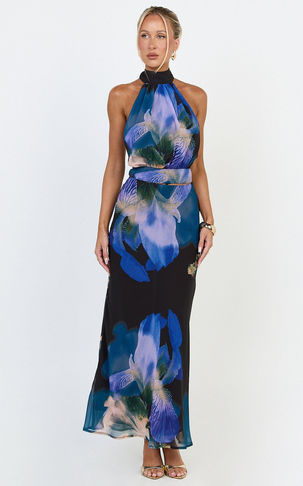 Nova Top - High Neck Georgette Top in Midnight Resort Orchid Print