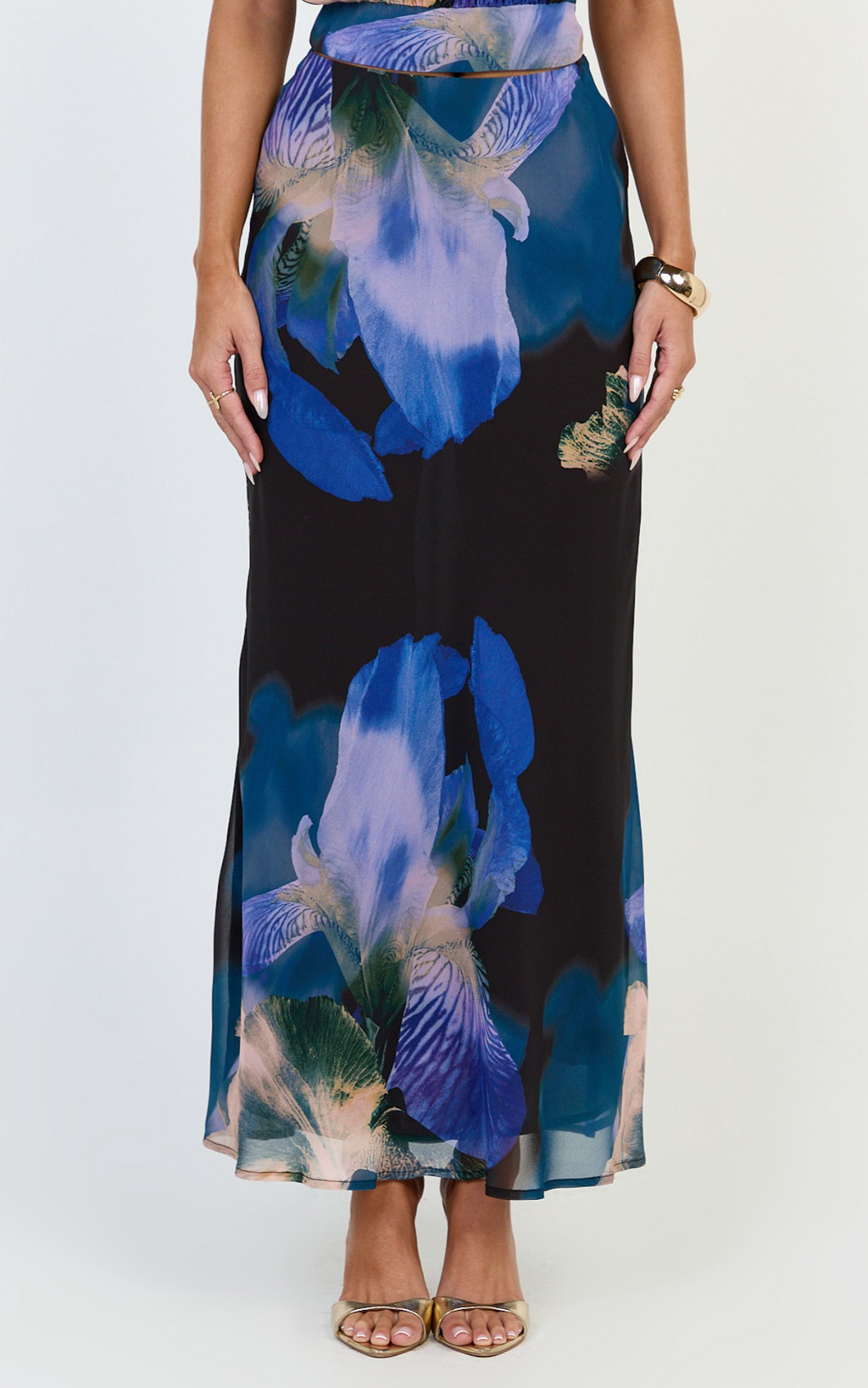 Solara Maxi Skirt - Bias Cut A Line Skirt in Midnight Resort Orchid Print