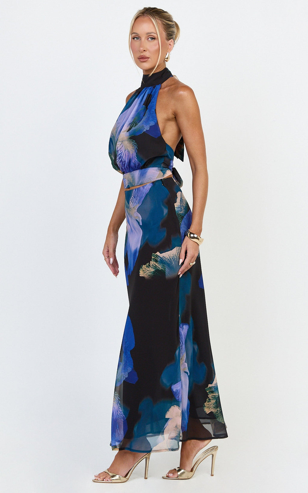 Nova Top - High Neck Georgette Top in Midnight Resort Orchid Print