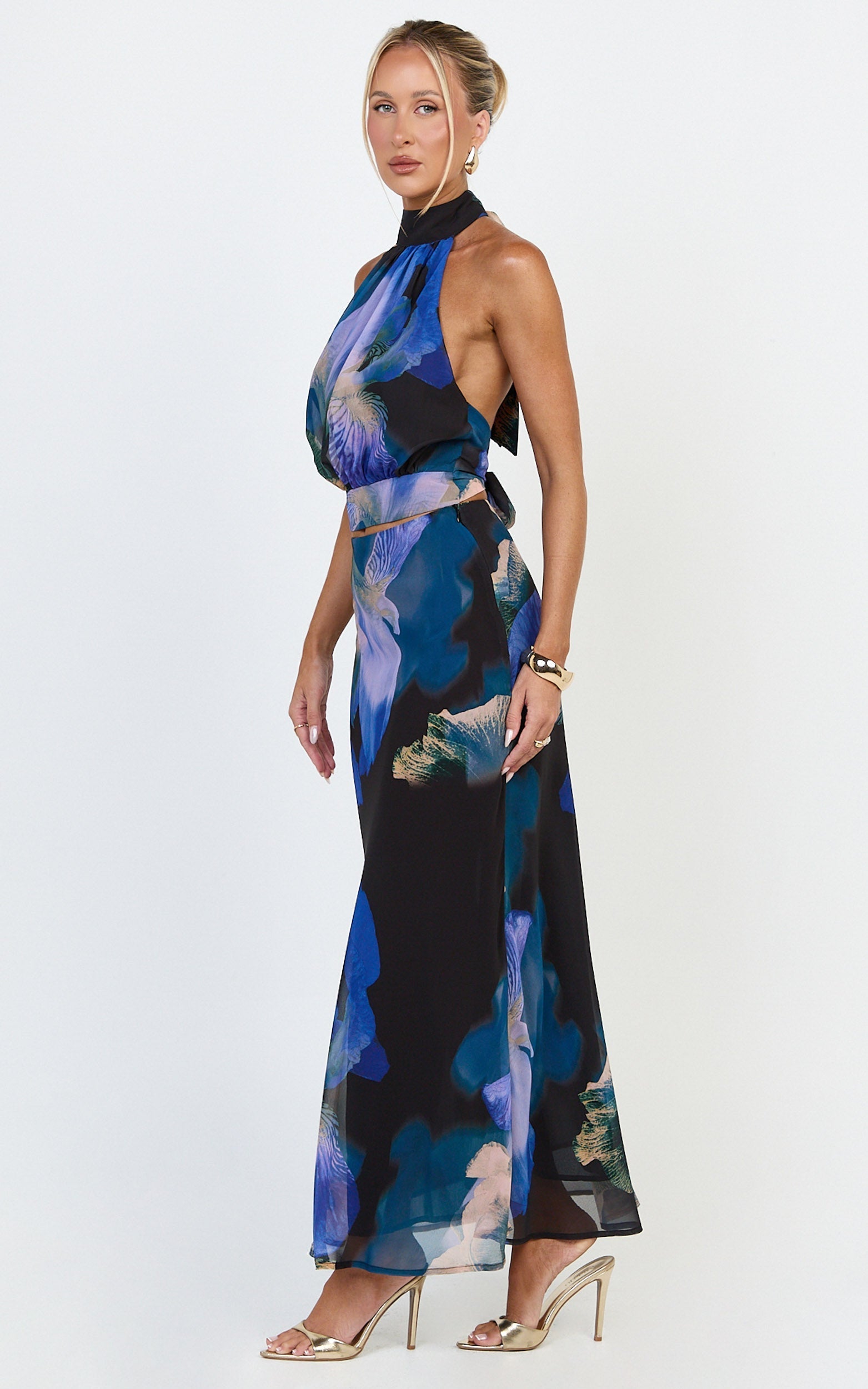 Nova Top - High Neck Georgette Top in Midnight Resort Orchid Print